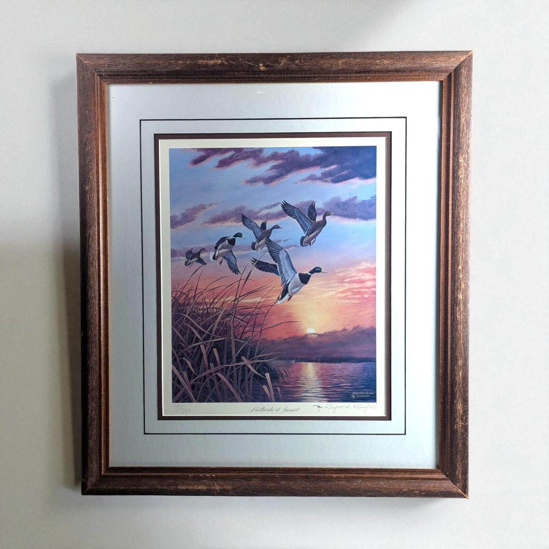 Vintage "Mallards at Sunset" Signed & Numbered Print by Rhynard Klingbeil, Framed Wildlife Art, Duck Decor, Nature Gift