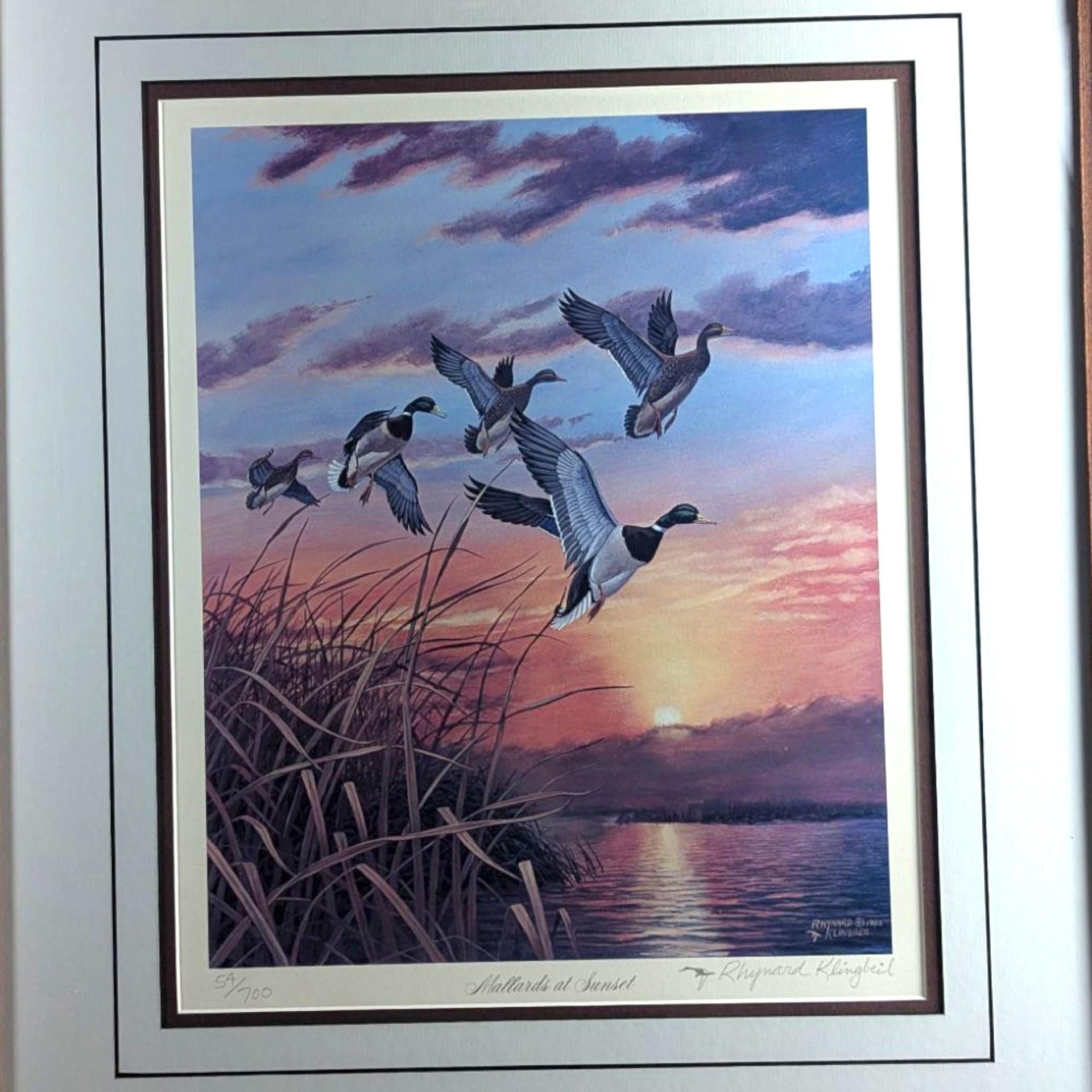 Vintage "Mallards at Sunset" Signed & Numbered Print by Rhynard Klingbeil, Framed Wildlife Art, Duck Decor, Nature Gift