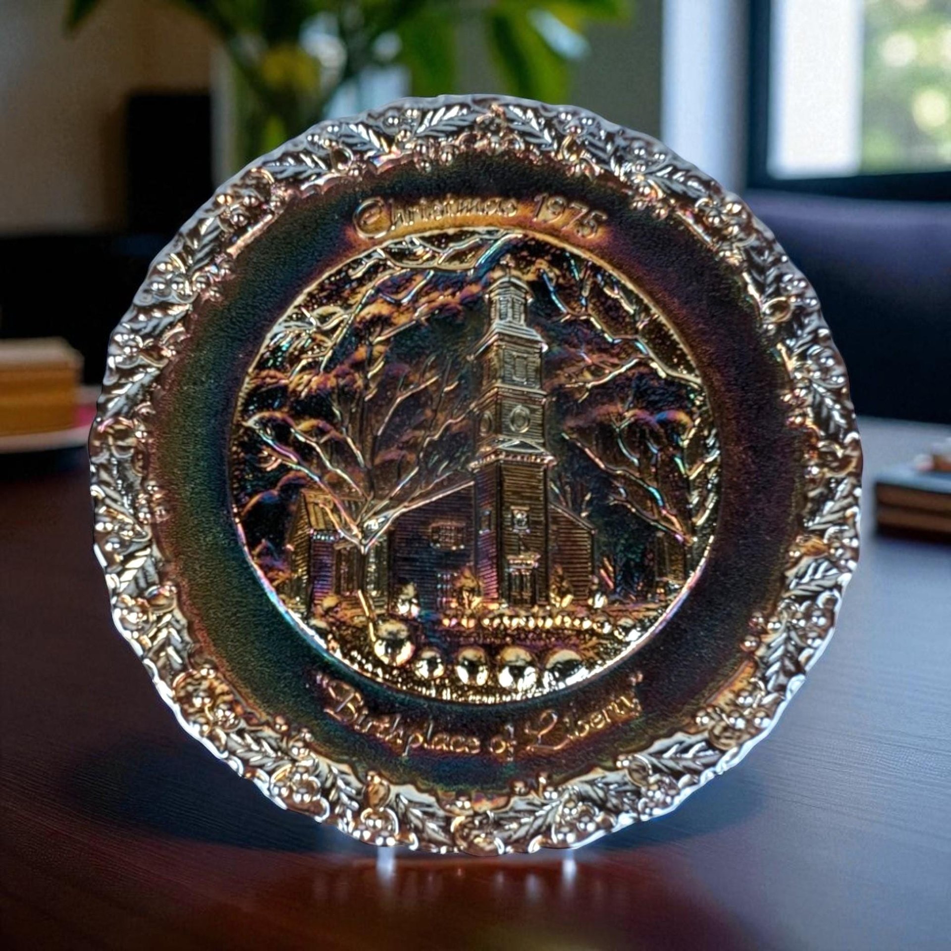 1975 Fenton Christmas Carnival Glass Plate | "Birthplace of Liberty" | Collectible Plate | Vintage Holiday Decor