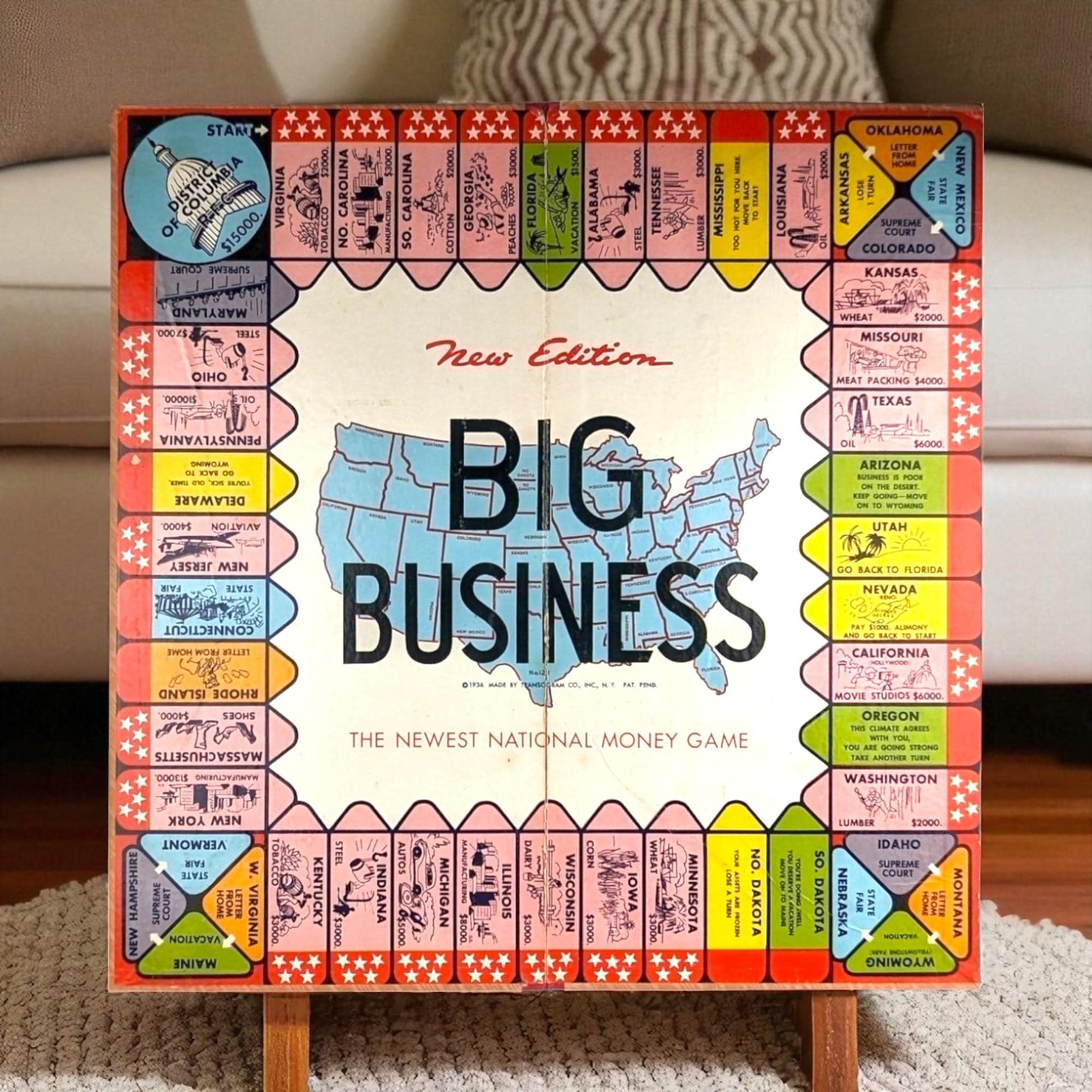 Vintage 1936 Transogram Big Business Board Game Wall Hanging - 17 3/4 Inch Square - Unique Home Decor - Retro Game Room Art