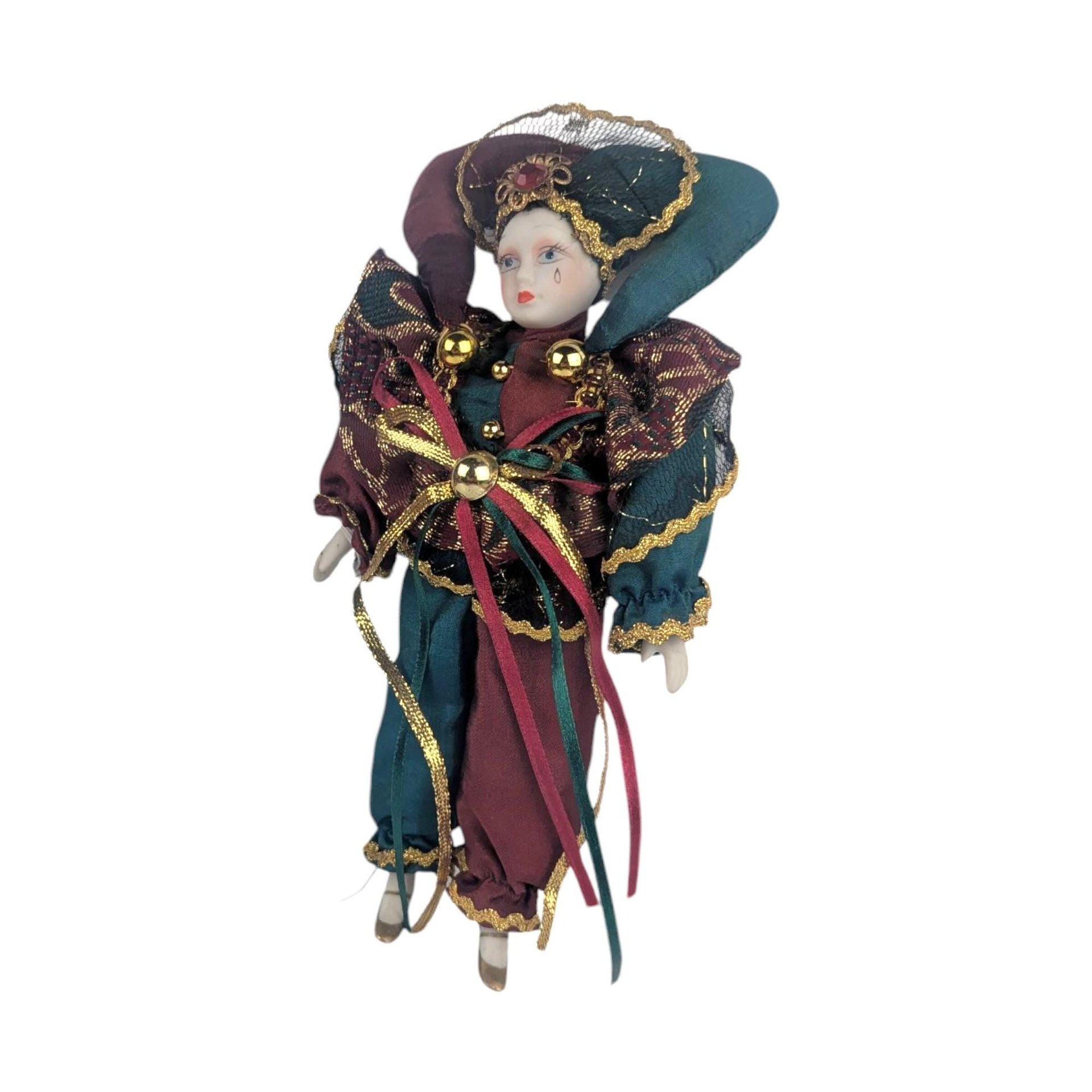 Vintage Porcelain Jester Clown Figurine, 8.25" Sad Clown Doll, Harlequin Decor, Whimsical Gift, Collectible Jester Figure