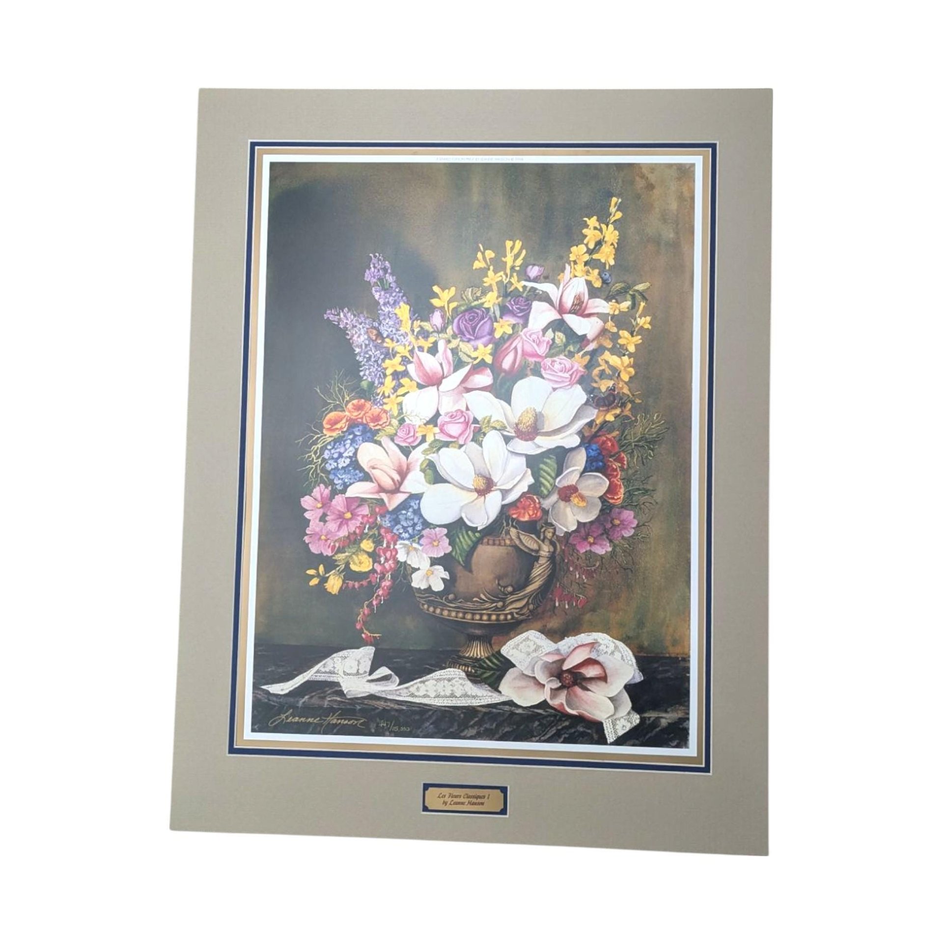 Leanne Hanson Floral Print, 1998 Limited Edition "Les Fleurs Classiques I", Unframed, Matted, Botanical Art, Flower Arrangement Decor