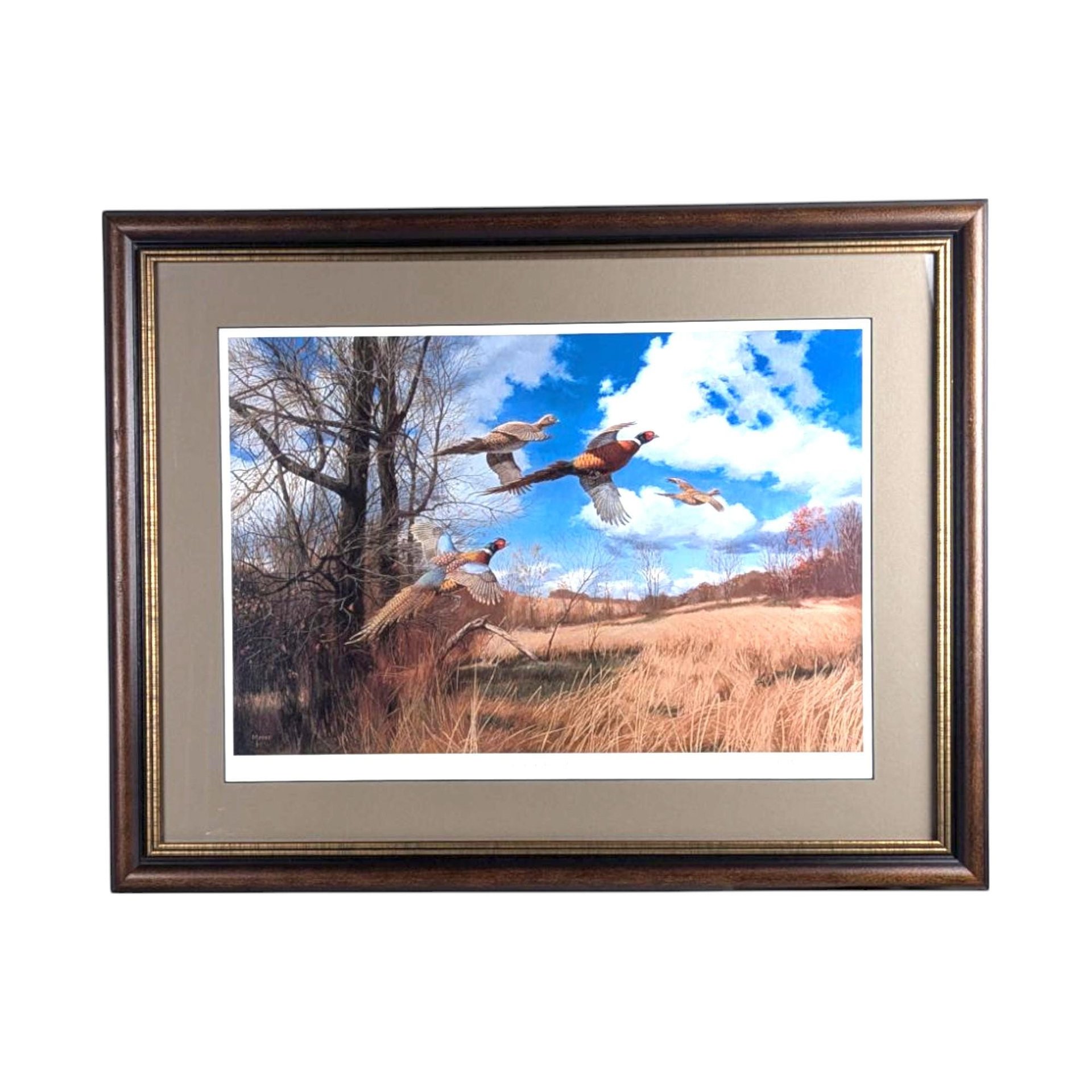 David A. Maass "Tomahawk Trail - Pheasants" Framed Print, Signed Wildlife Art, Vintage Bird Decor, Hunting Theme Artwork