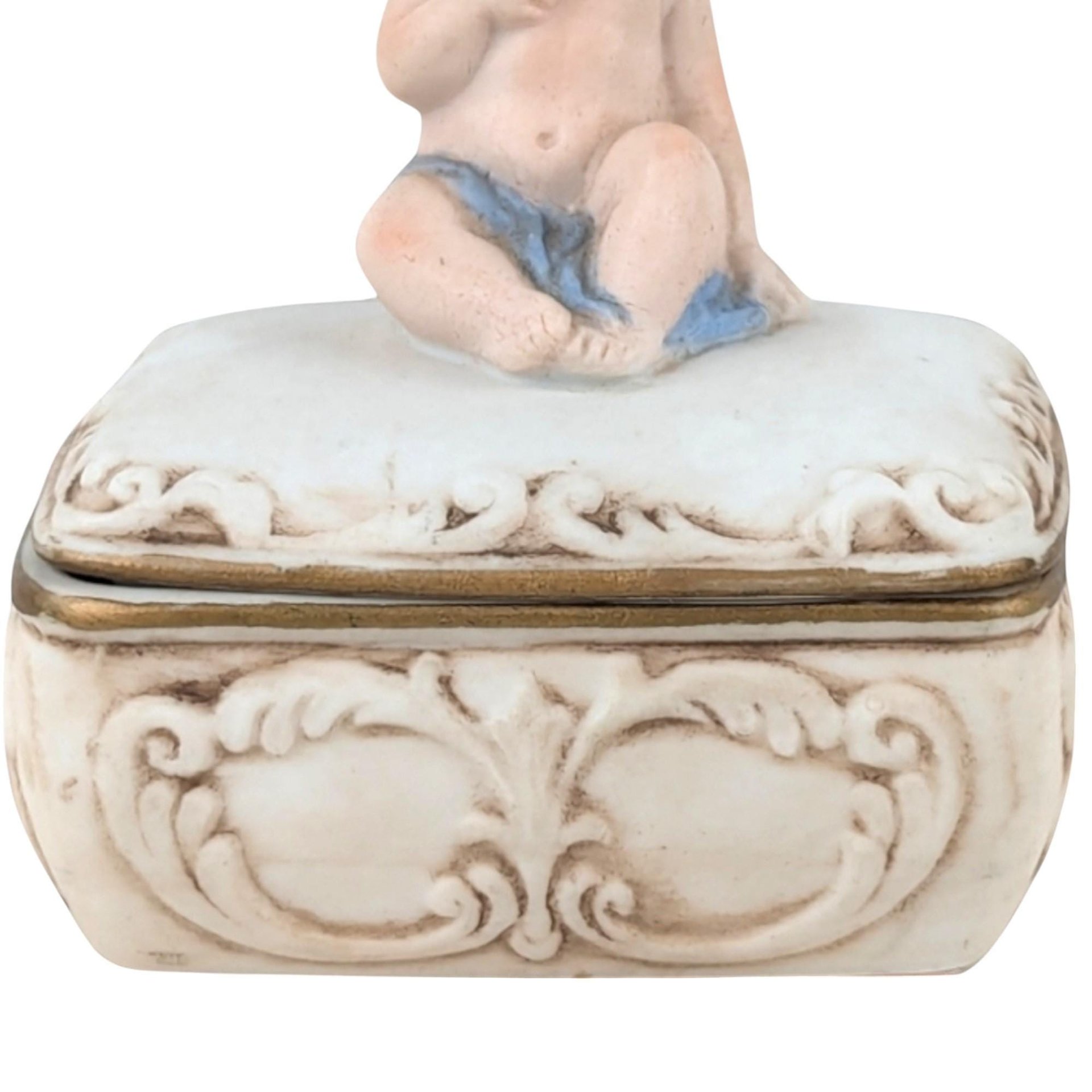 Vintage Bisque Porcelain Trinket Box: Baby with Blue Blanket