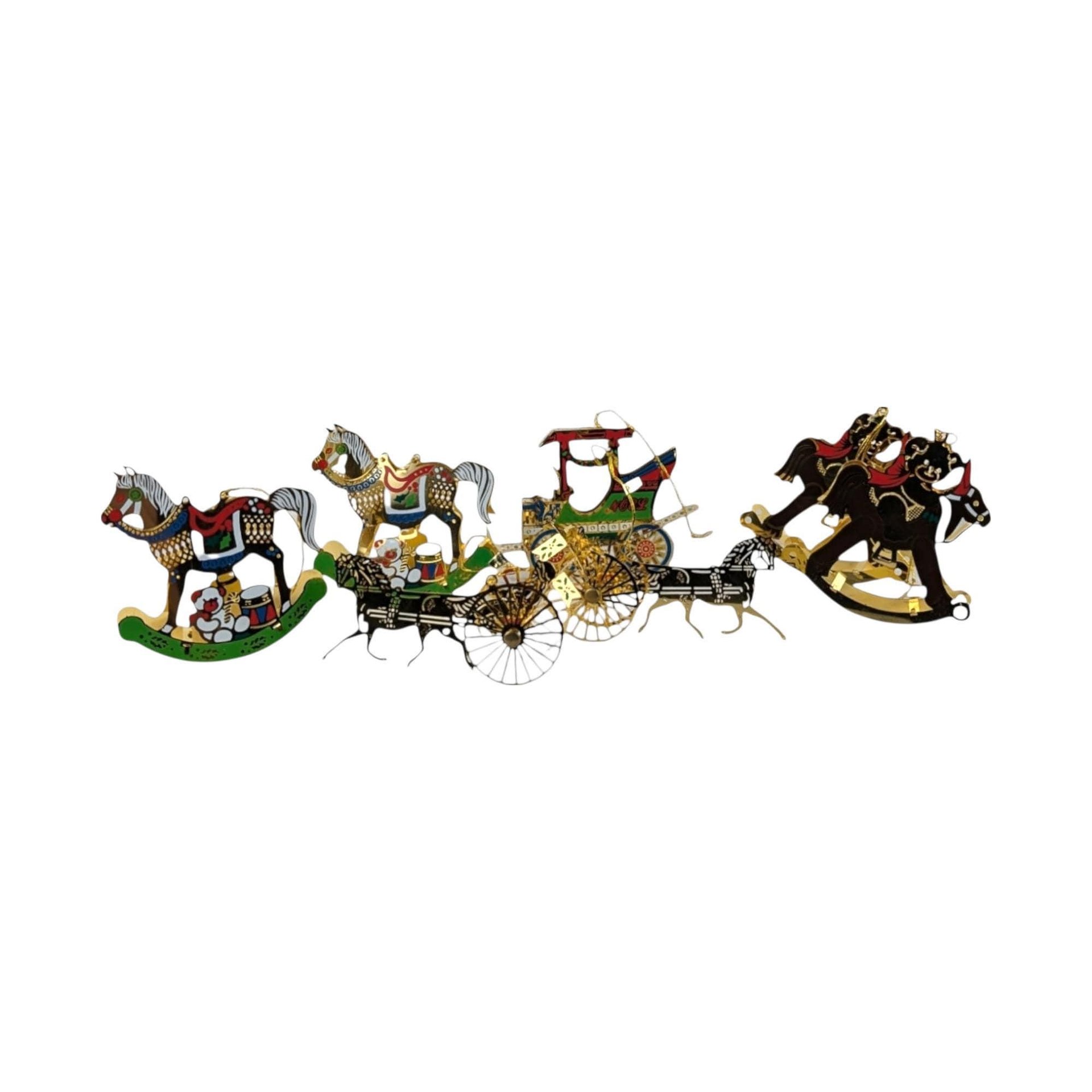 Vintage Brass Metal Rocking Horse and Carriage Ornament Set