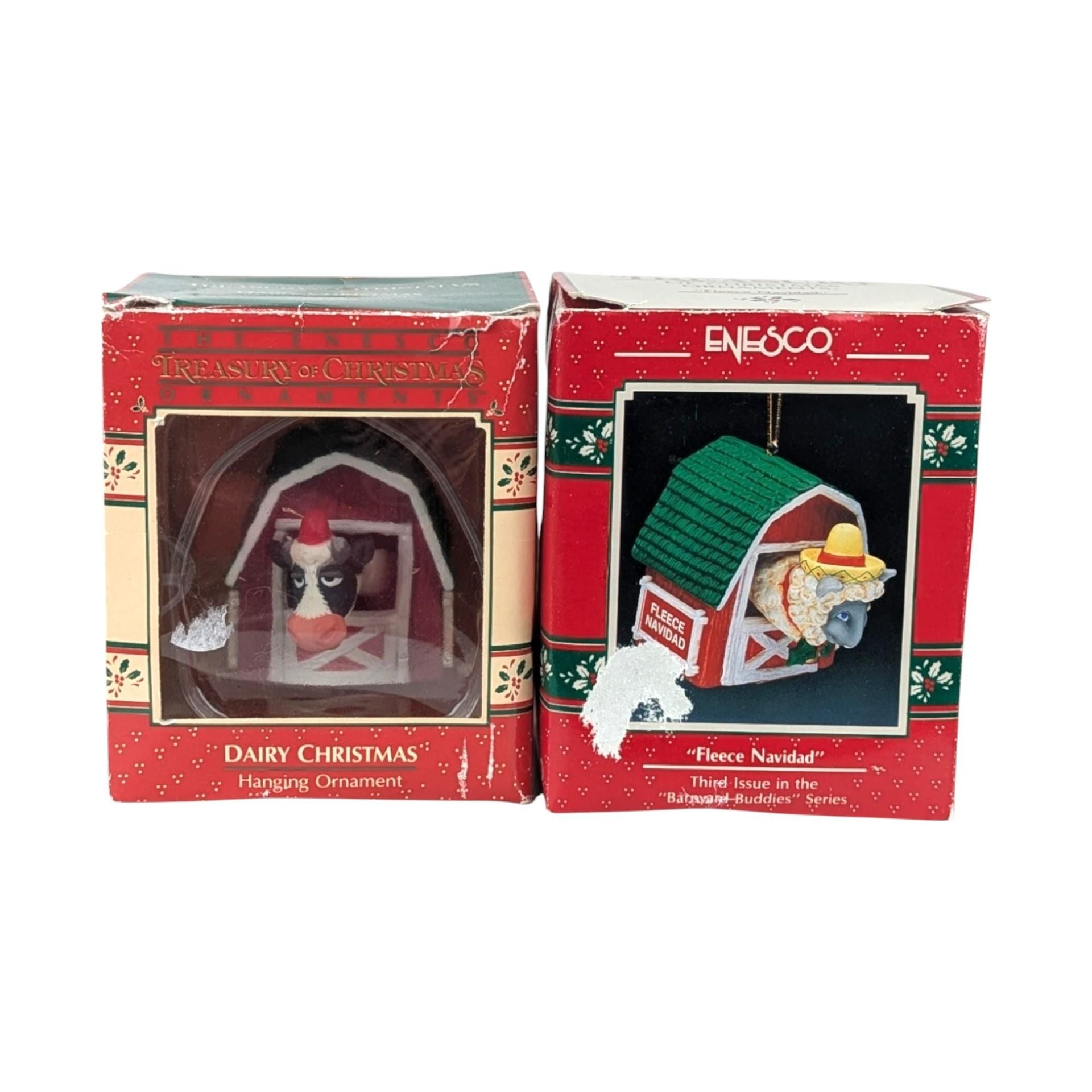 Vintage Enesco Bobblehead Ornaments: Cow & Sheep - Dairy Christmas