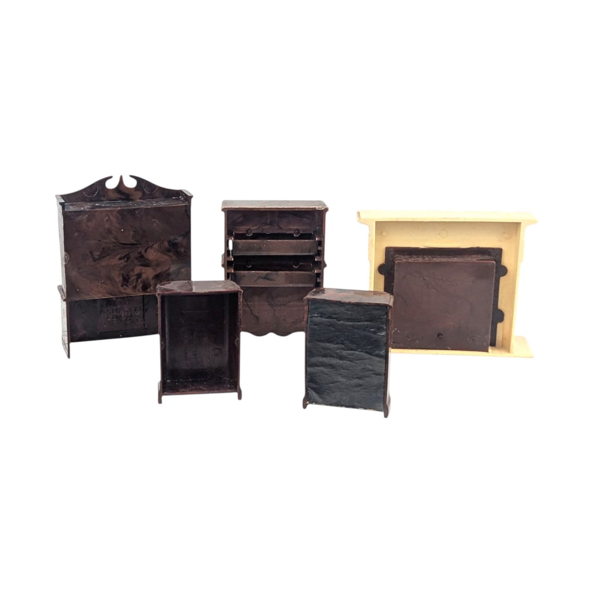 Vintage Dollhouse Furniture Set, 1:16 Scale Renwal & Ideal, Colonial Hutch, Fireplace, Dresser, Radios, 1950s Miniature Lot