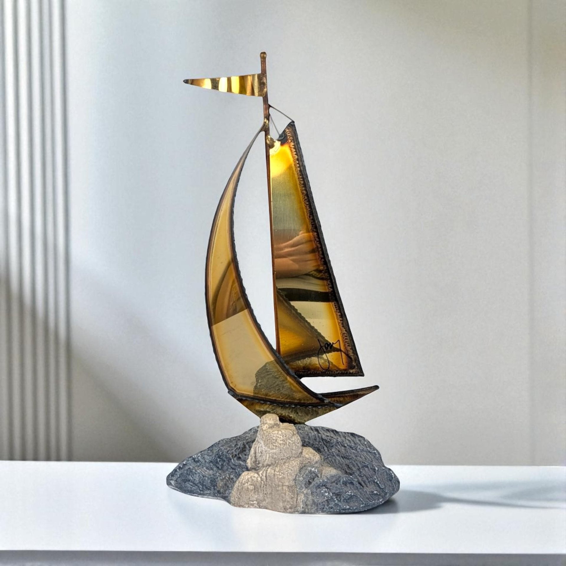 Vintage Signed Brass Sailboat Sculpture, Nautical Decor, Metal Sailboat, Collectible Figurine, Maritime Art, Home Decor, Unique Gift