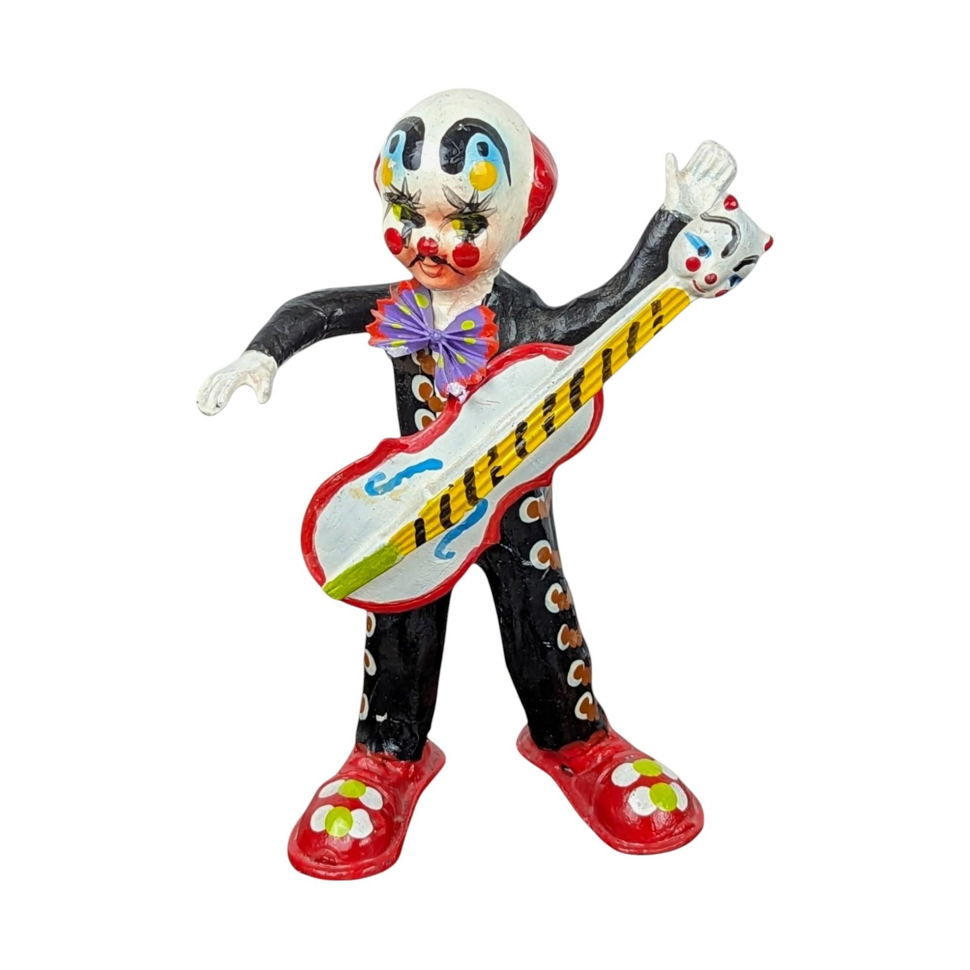 Vintage Mexican Paper Mache Clown Figurines, Musician Clowns, Folk Art, Day of the Dead Decor, Pair of Clowns
