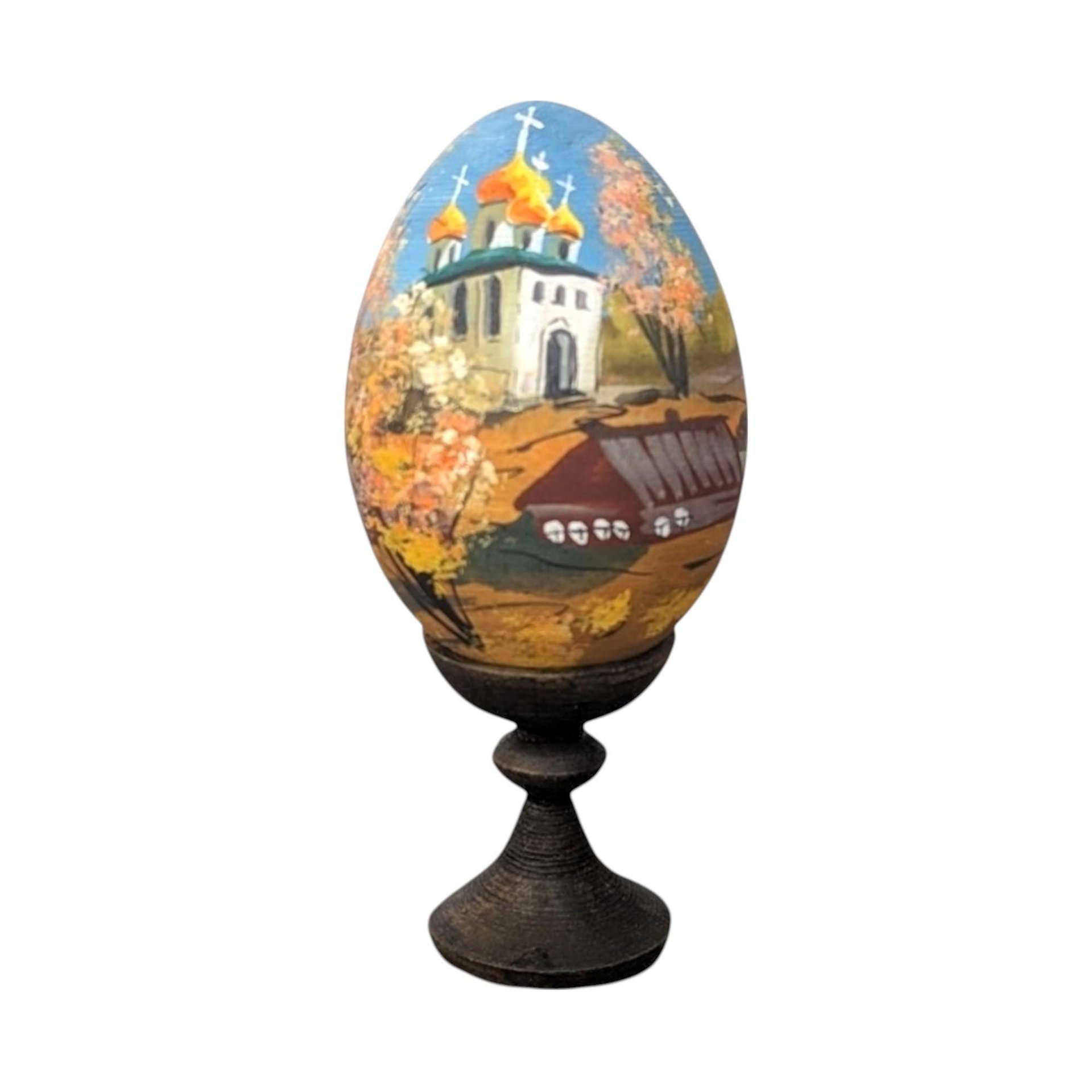 Vintage Hand-Painted Wooden Easter Eggs, Russian Folk Art Decor, Farmhouse, Church Scene, Gift for Collector