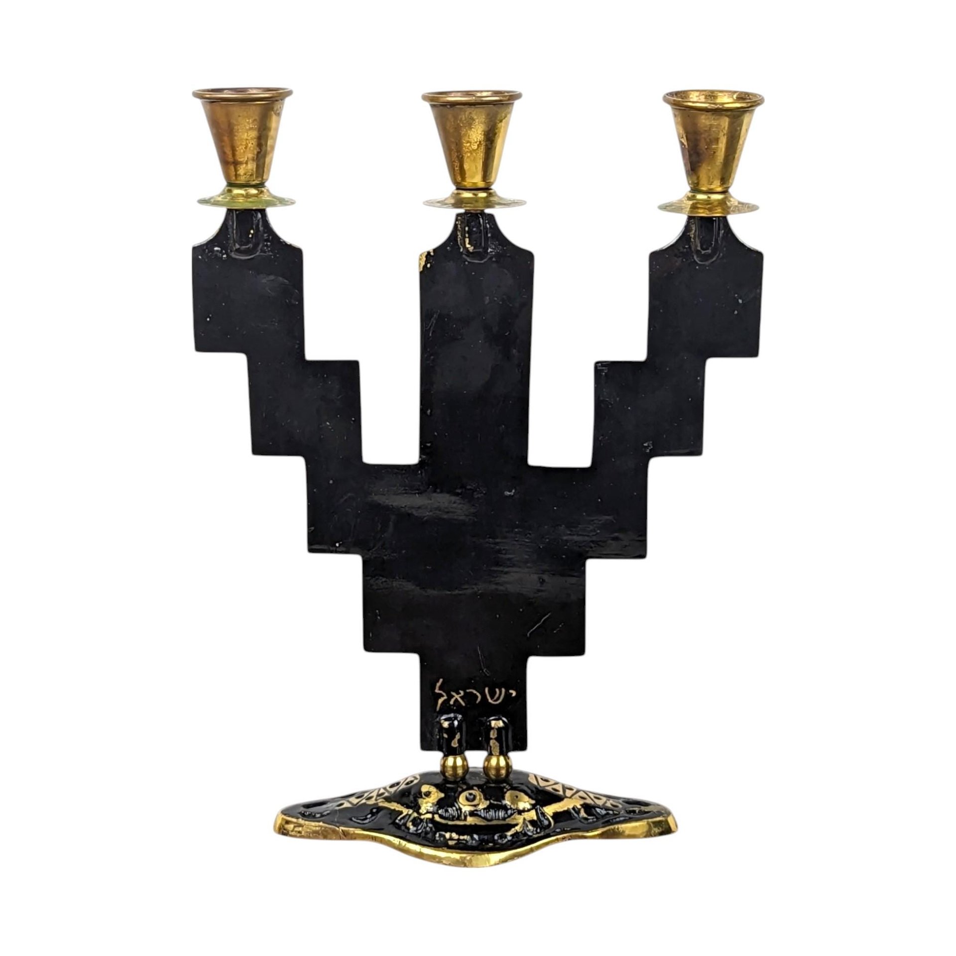 Vintage Goldtone & Black Enamel Astrological Candelabra, 3 Arm Candlestick Holder, Zodiac Candle Holder, Celestial Decor