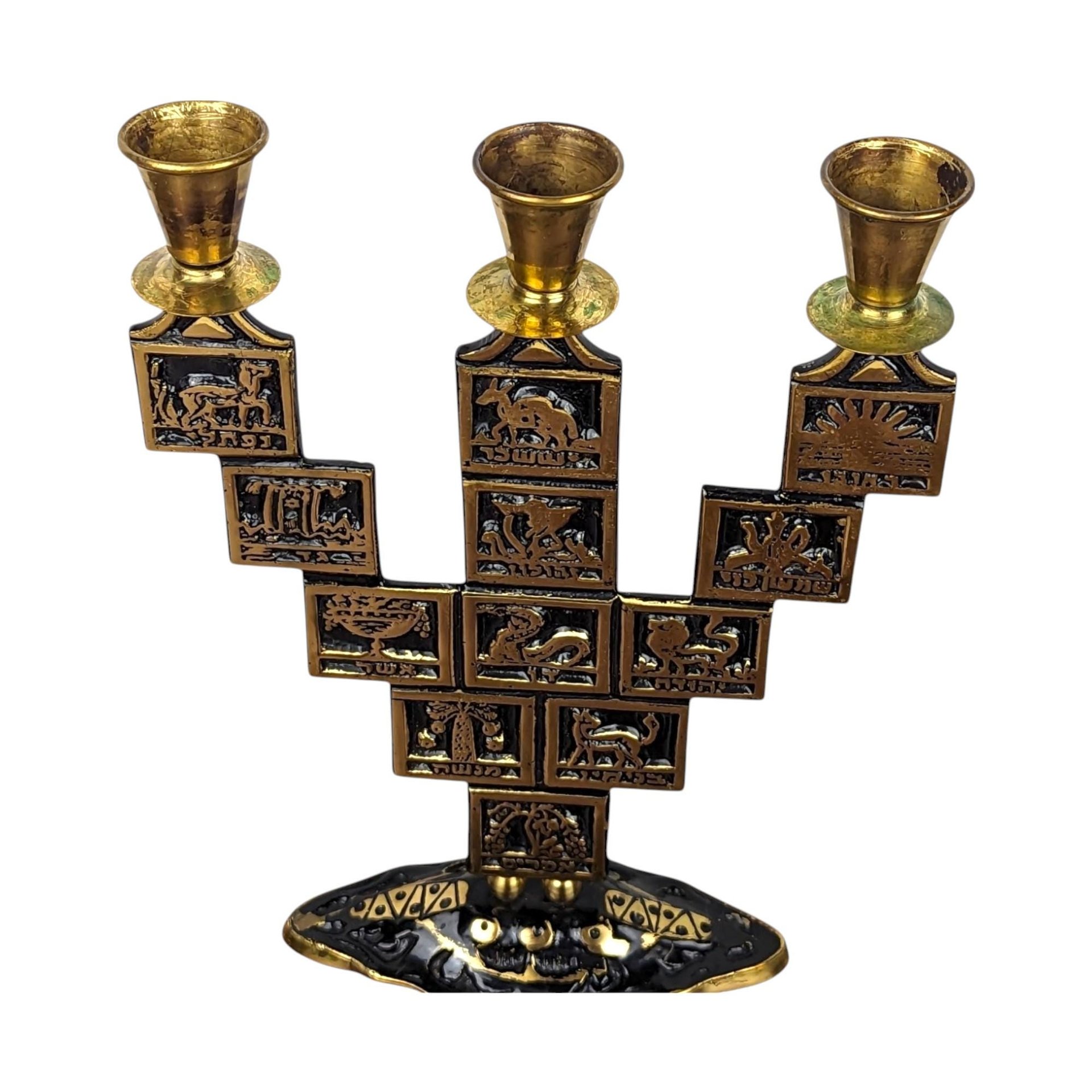 Vintage Goldtone & Black Enamel Astrological Candelabra, 3 Arm Candlestick Holder, Zodiac Candle Holder, Celestial Decor