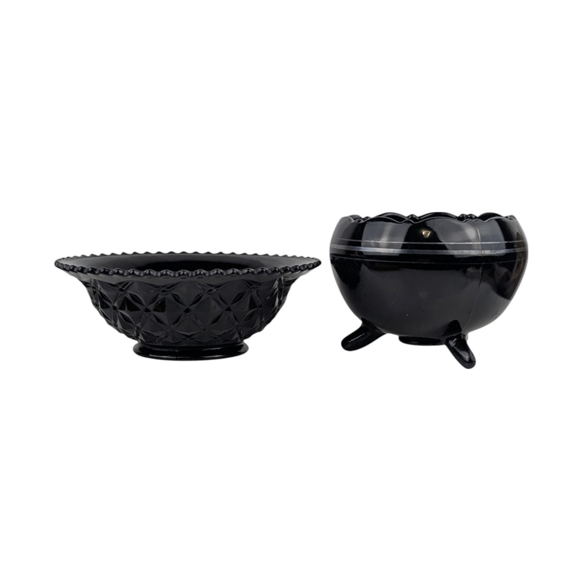 Vintage Black Glass Bowl Set: LE Smith Plate & Hand-Painted Floral Bowl
