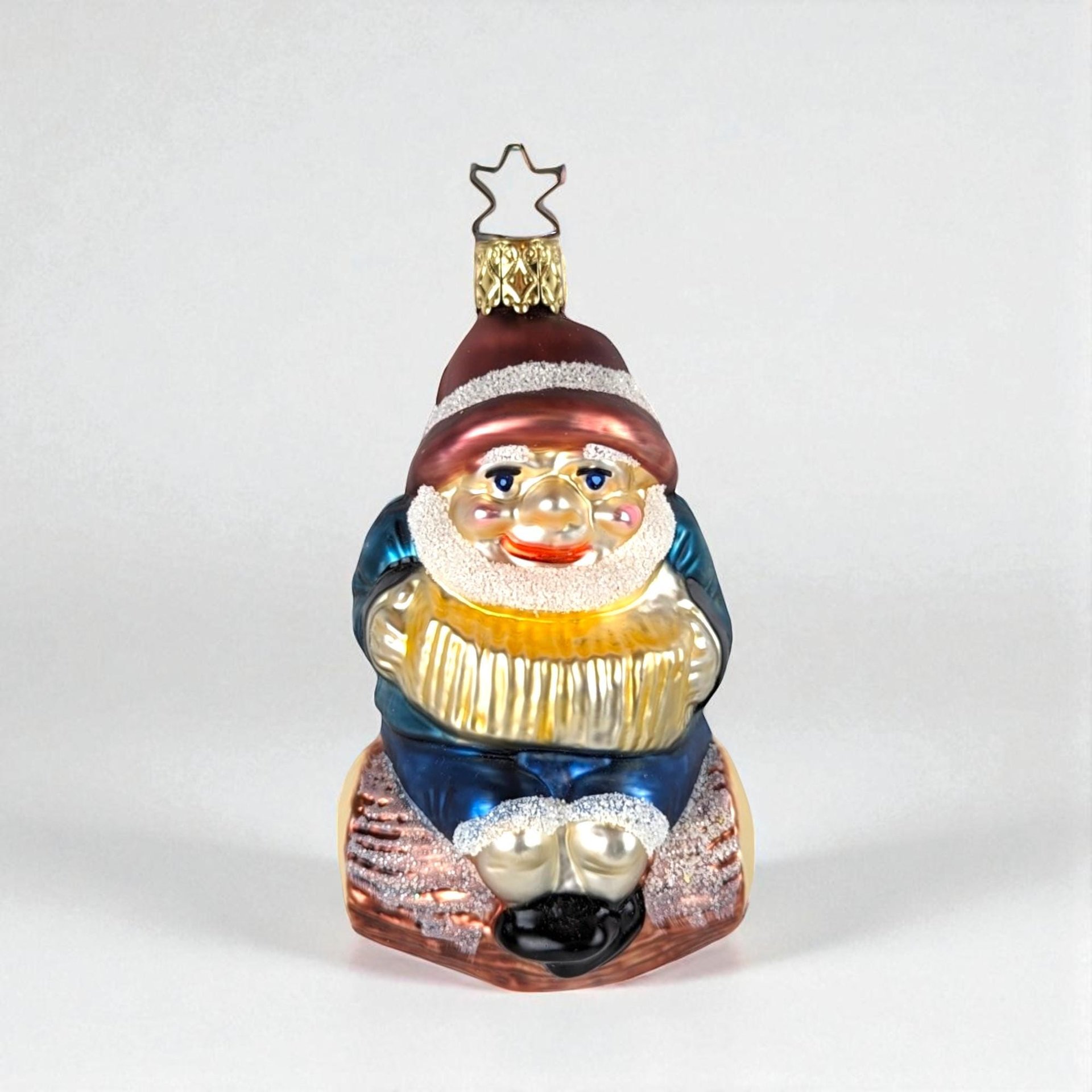 Vintage Merck Family Gnome Christmas Ornament - Glass Gnome on a Log - German Blown Glass