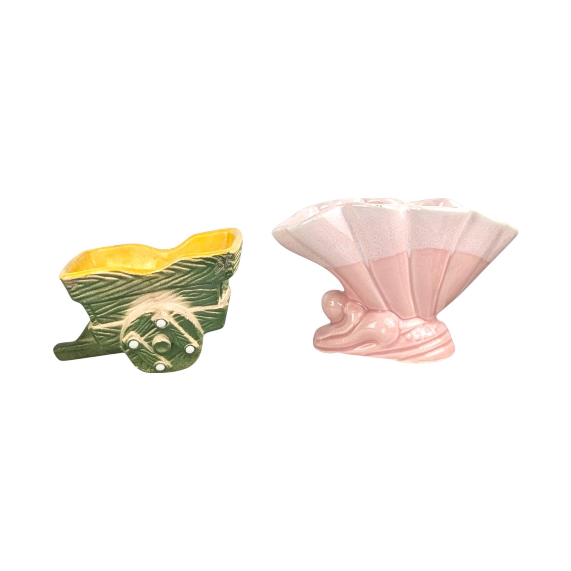 Vintage Ceramic Planters, Shawnee Wheelbarrow Planter, Pink Shell Planter, Mid Century Modern, Succulent Planters, Indoor Garden