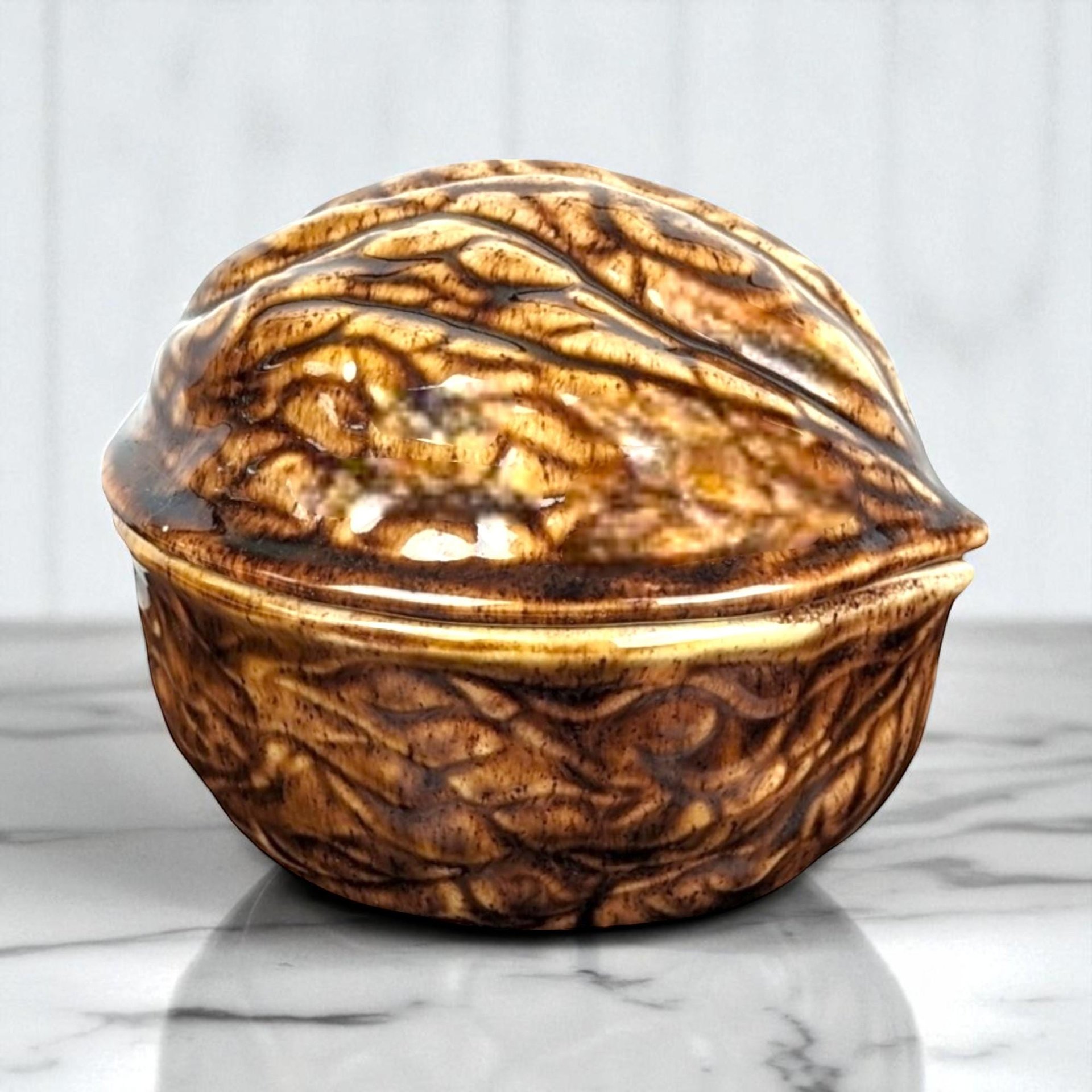 Hand Painted Walnut Trinket Box, Ceramic Walnut Bowl, Signed Bunny, Decorative Box, Unique Gift, Vintage Decor