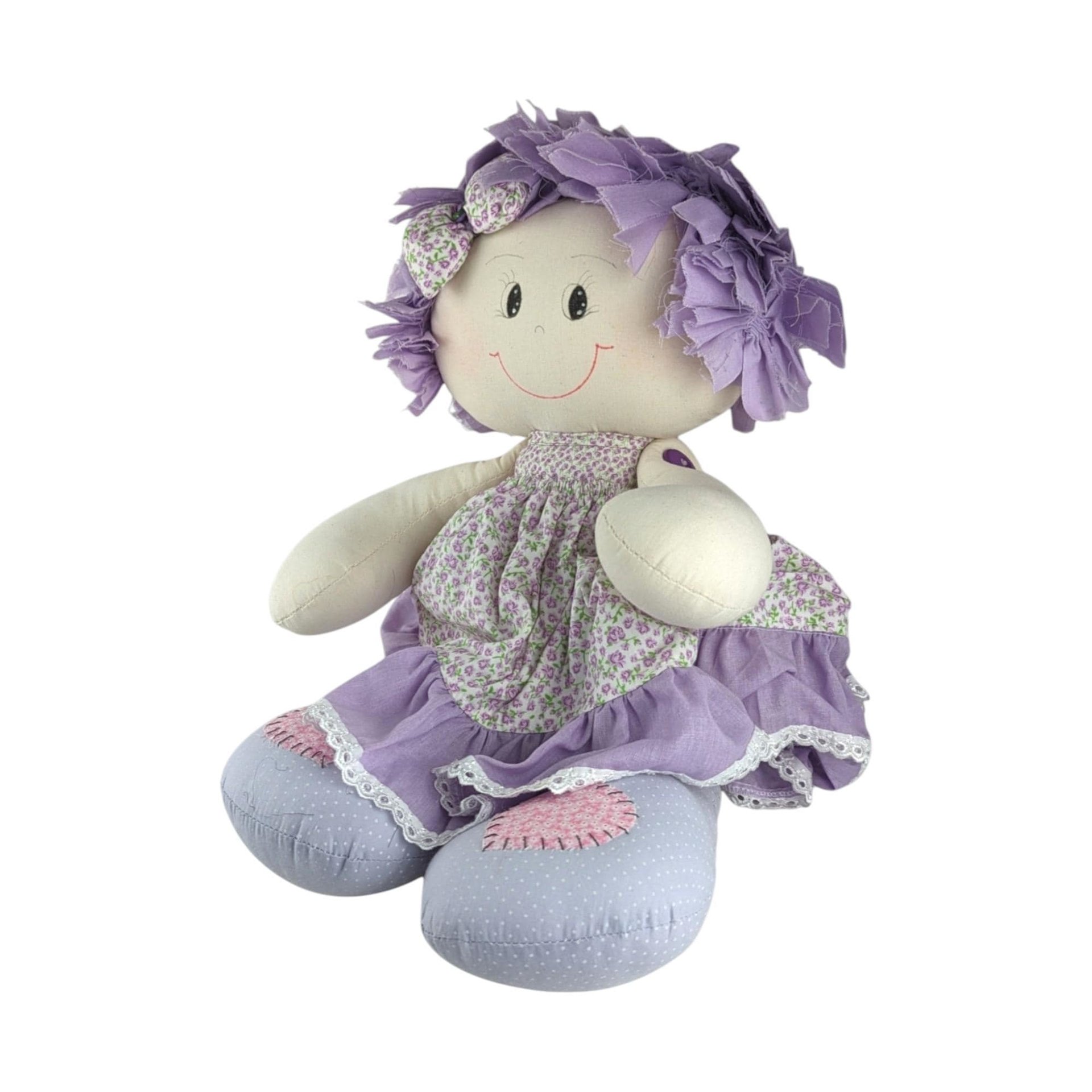 Vintage Handmade 19" Doll: Purple Floral Dress, Collectible Toy