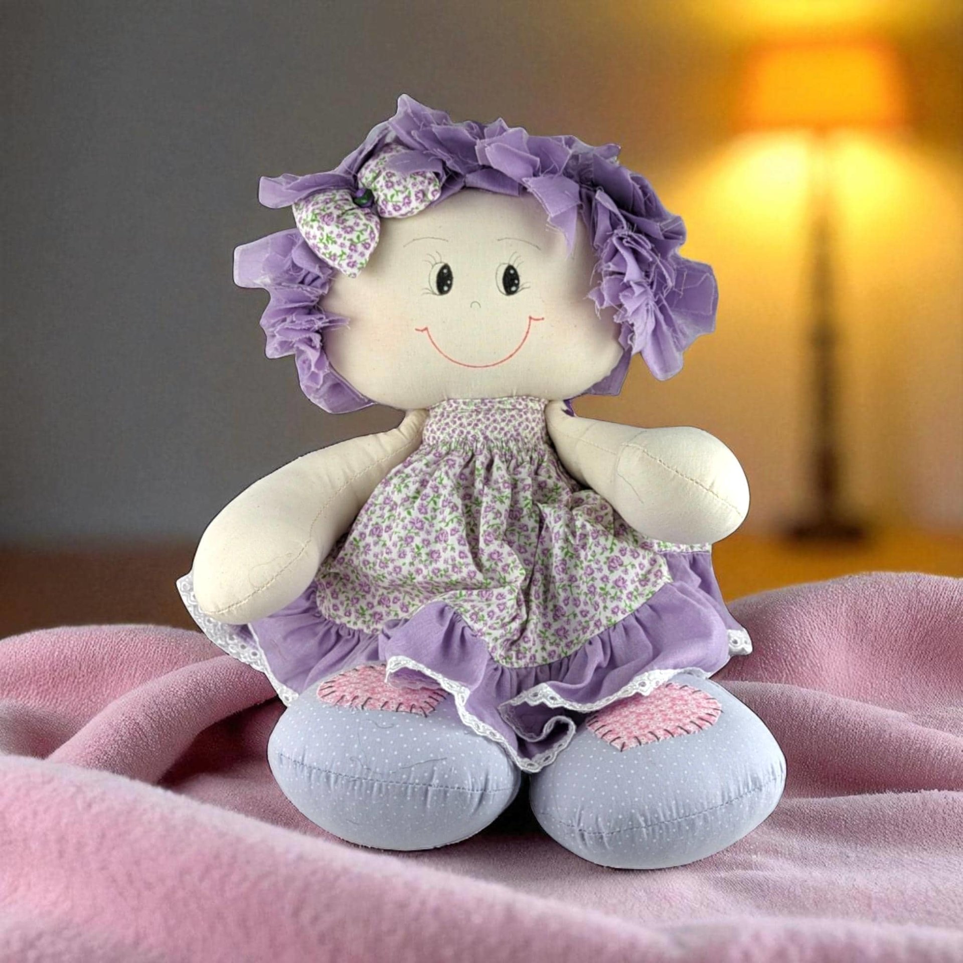 Vintage Handmade 19" Doll: Purple Floral Dress, Collectible Toy