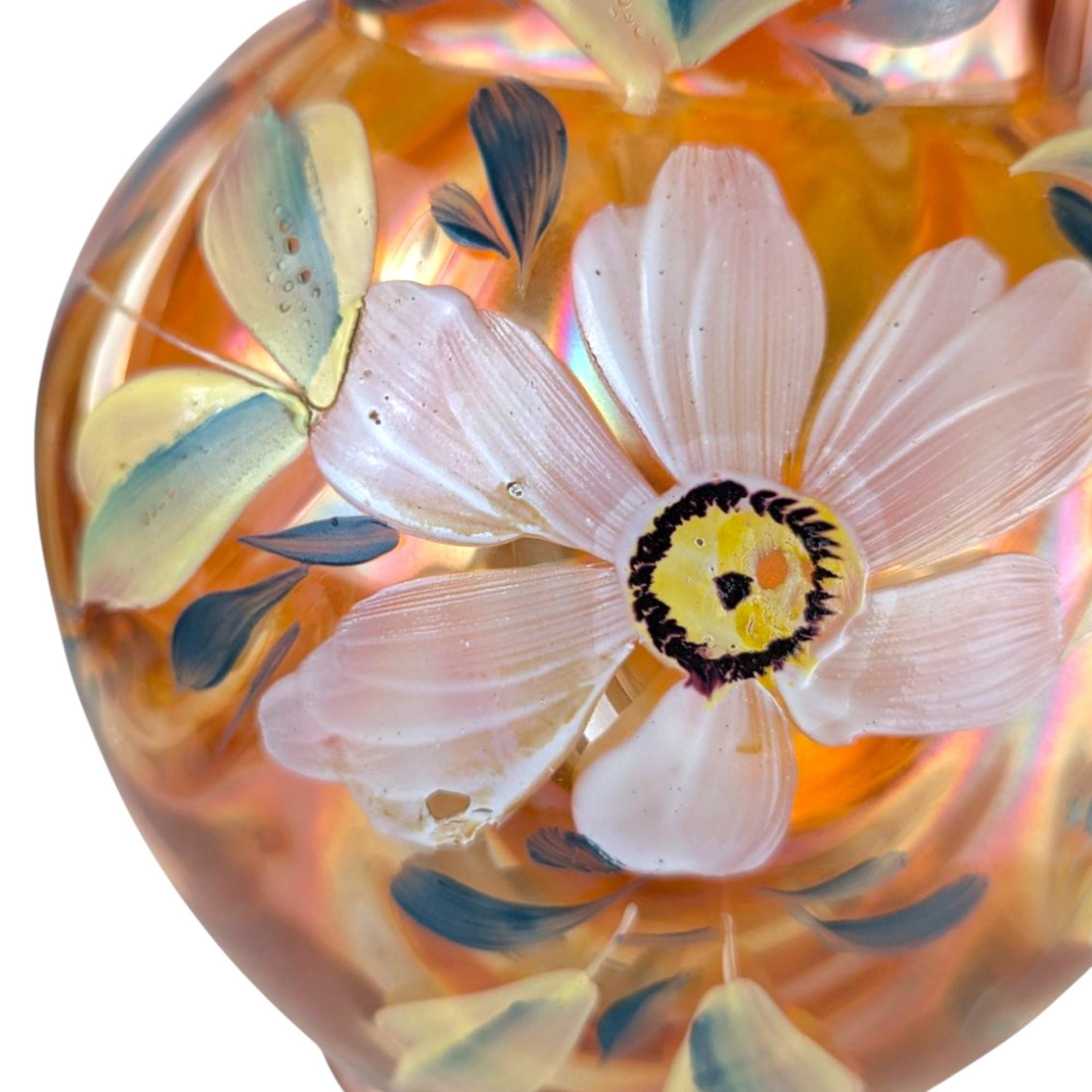 Vintage Fenton Marigold Iridescent Pitcher: Hand-Painted Floral Carnival Glass