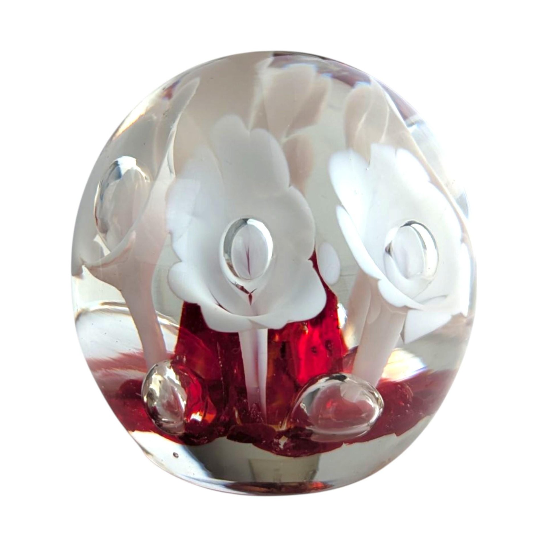 Vintage Art Glass Paperweight: Red Base, White Flower Design