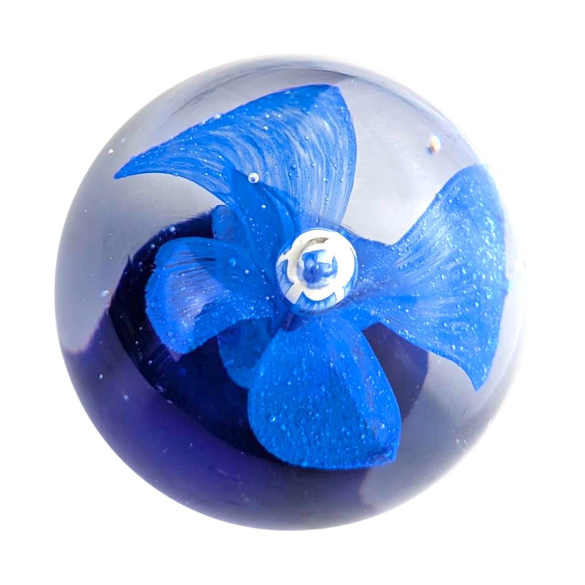 Vintage Glass Paperweight: Blue Flower Center, Floral Desk Accessory (2.25" Round)