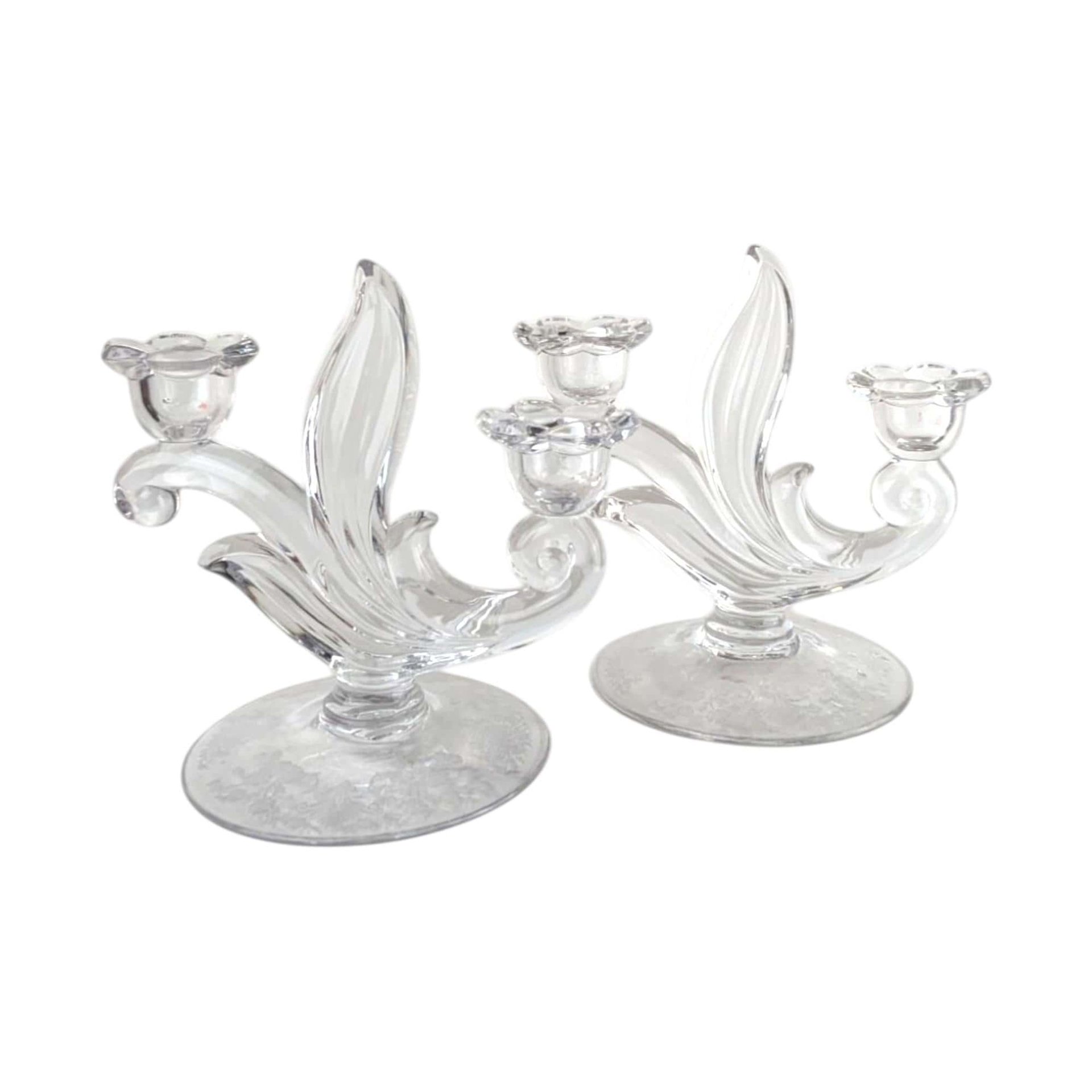 Vintage 1950s First Love Double Candlesticks: Duncan Miller Glass with Etched Floral Design