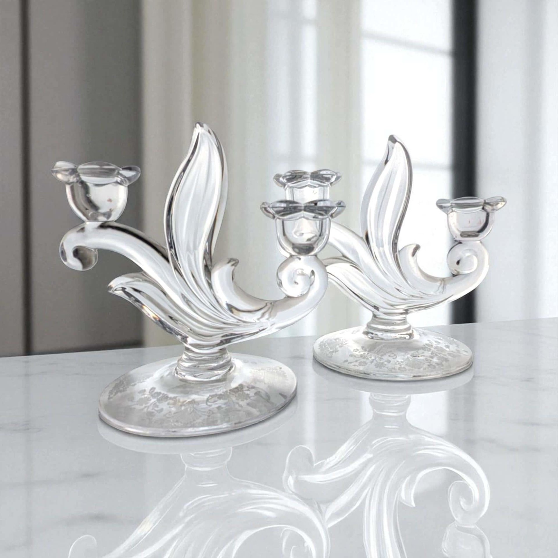 Vintage 1950s First Love Double Candlesticks: Duncan Miller Glass with Etched Floral Design