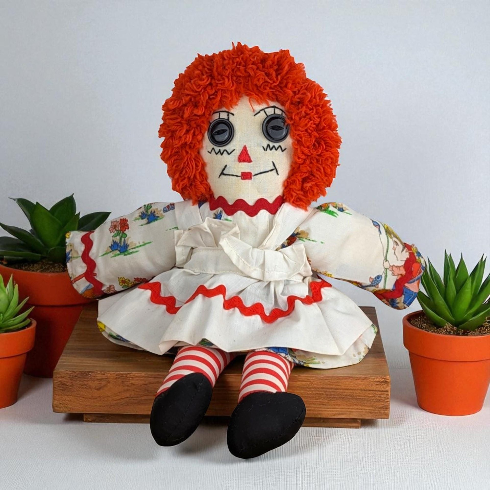 Vintage Handmade Raggedy Ann Doll: 15-Inch Ragdoll with Button Eyes, Nursery Decor