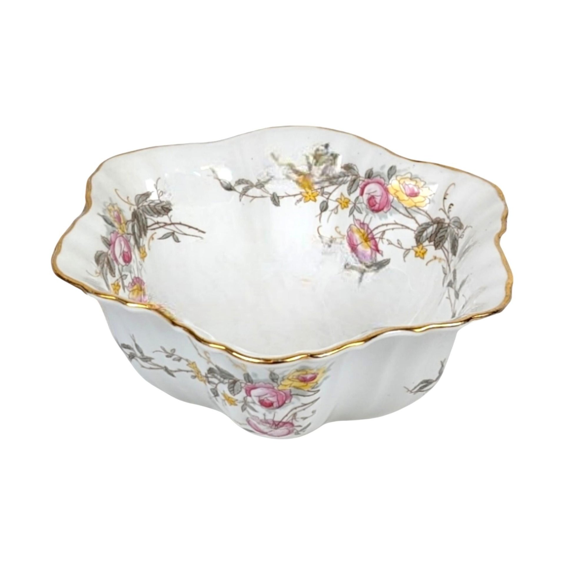 Vintage German Porcelain Serving Bowl: Floral Design, Gold Rim