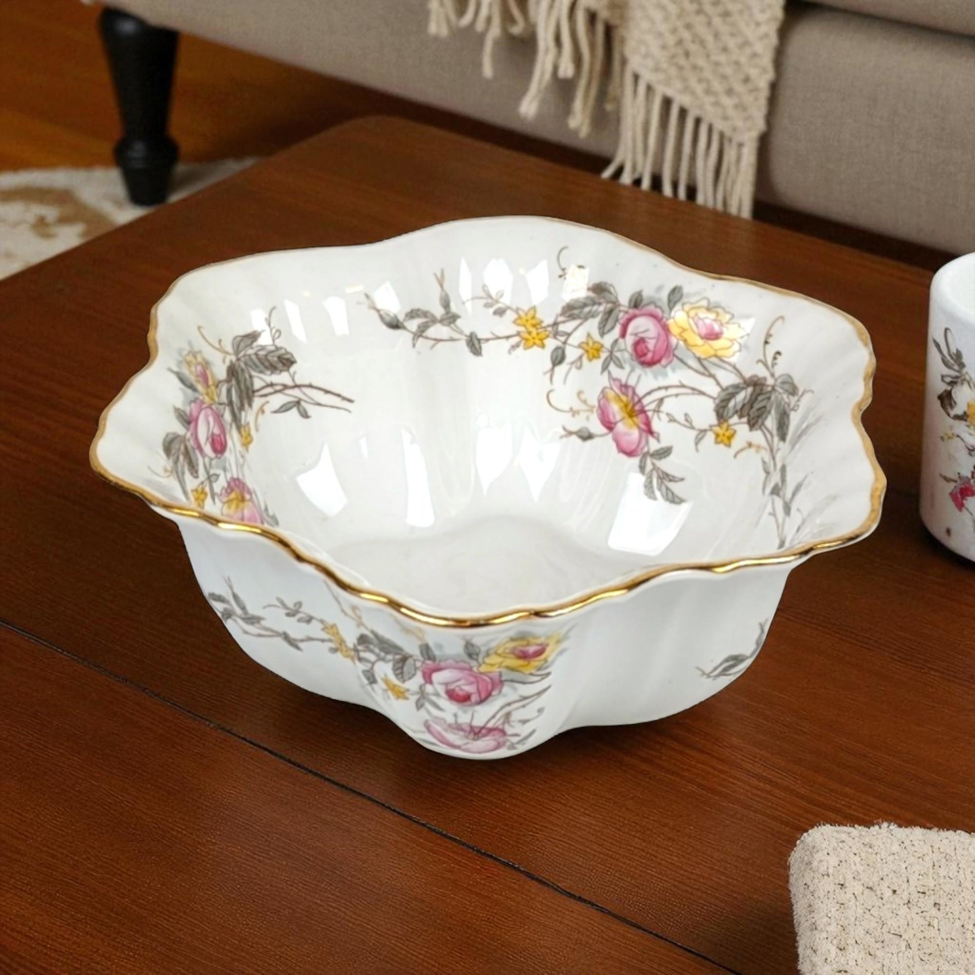 Vintage German Porcelain Serving Bowl: Floral Design, Gold Rim