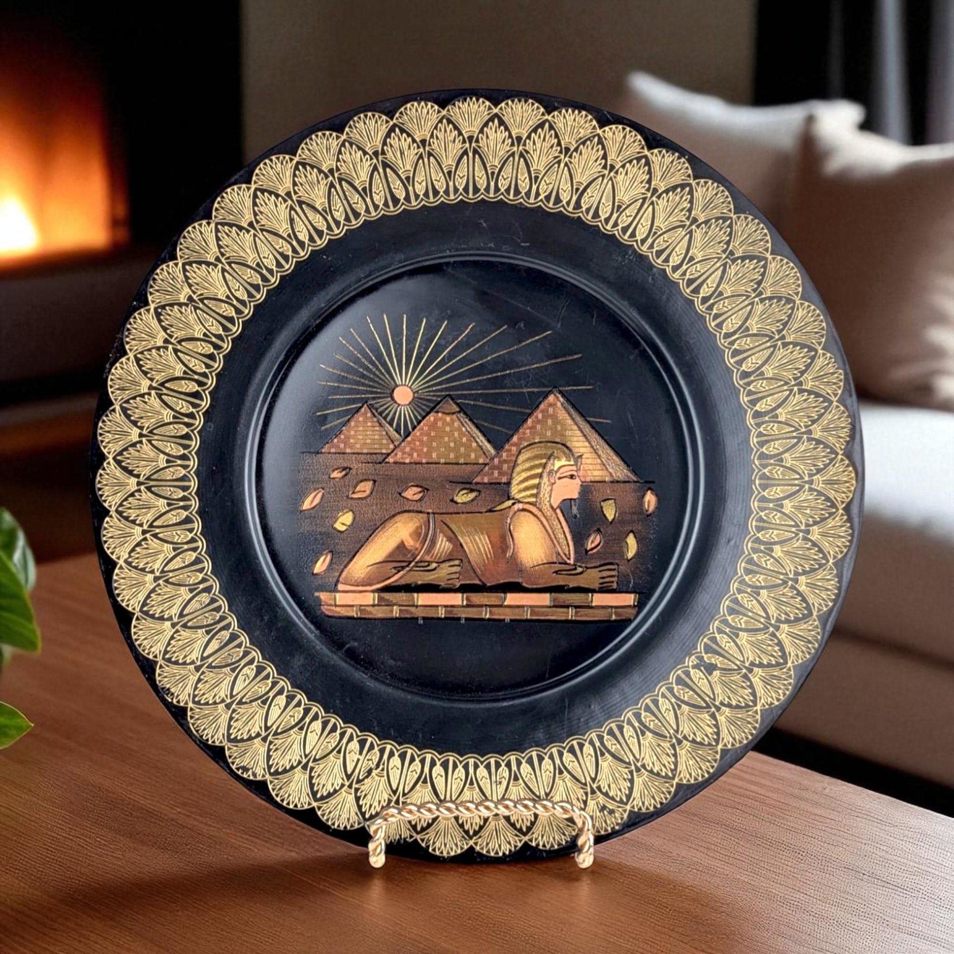 Vintage Egyptian Brass Plate: Etched Sphinx & Pyramids Wall Hanging Decor