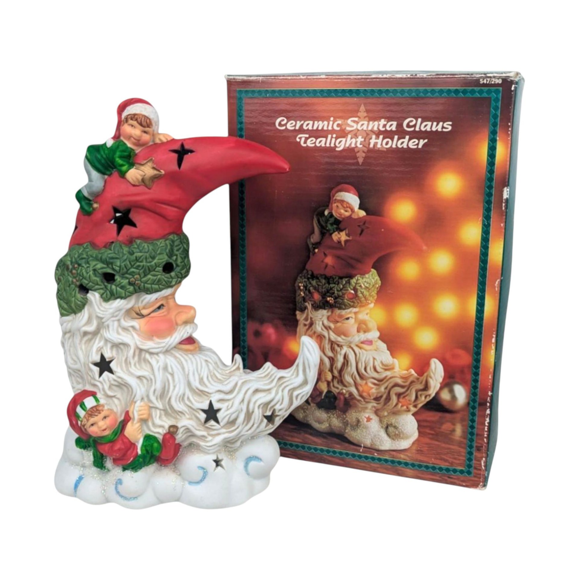 Vintage Ceramic Santa Tealight Holder: Crescent Moon & Elves, 8.5 Inch