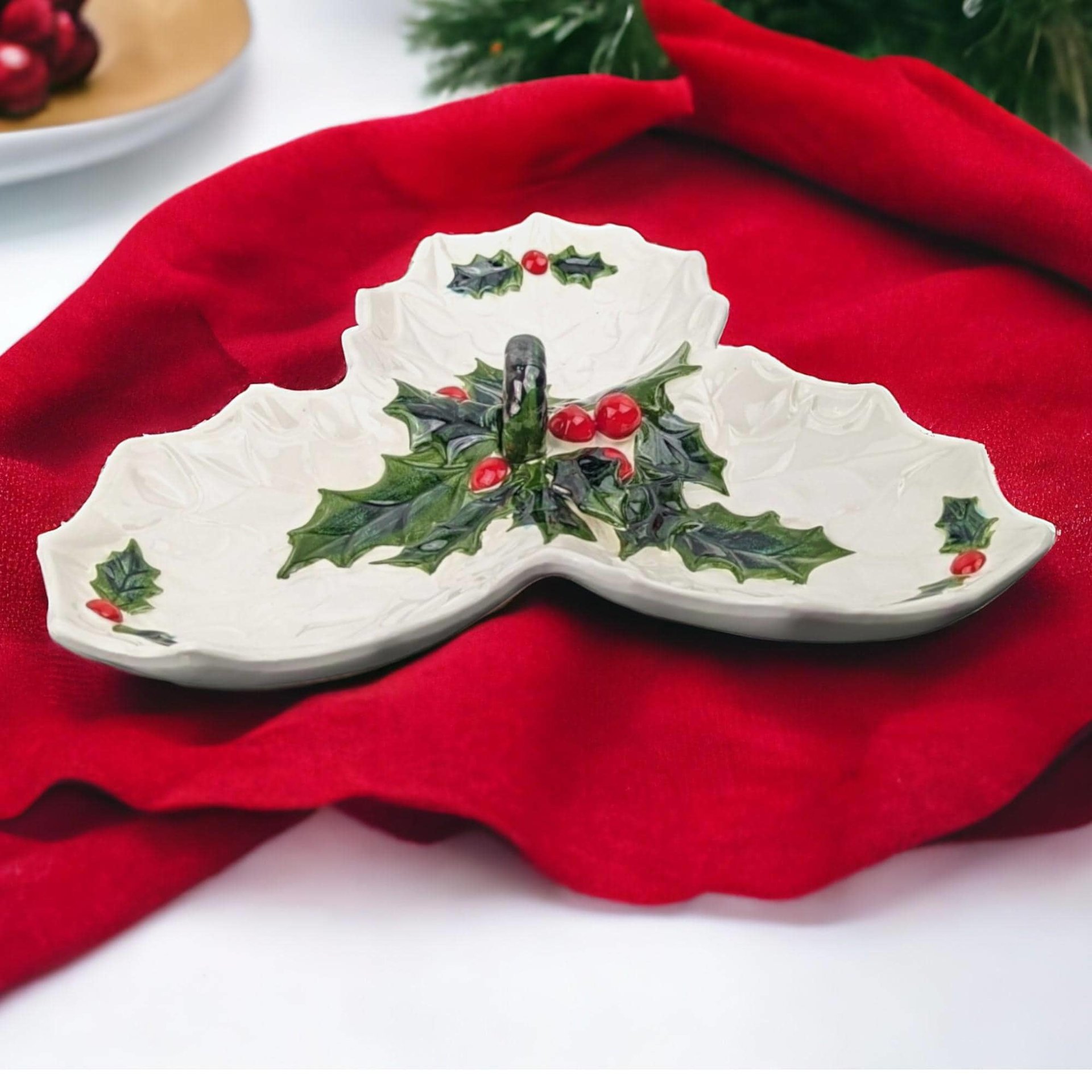 Vintage 1970s Holly Berry Relish Dish: Lefton China Christmas Tableware