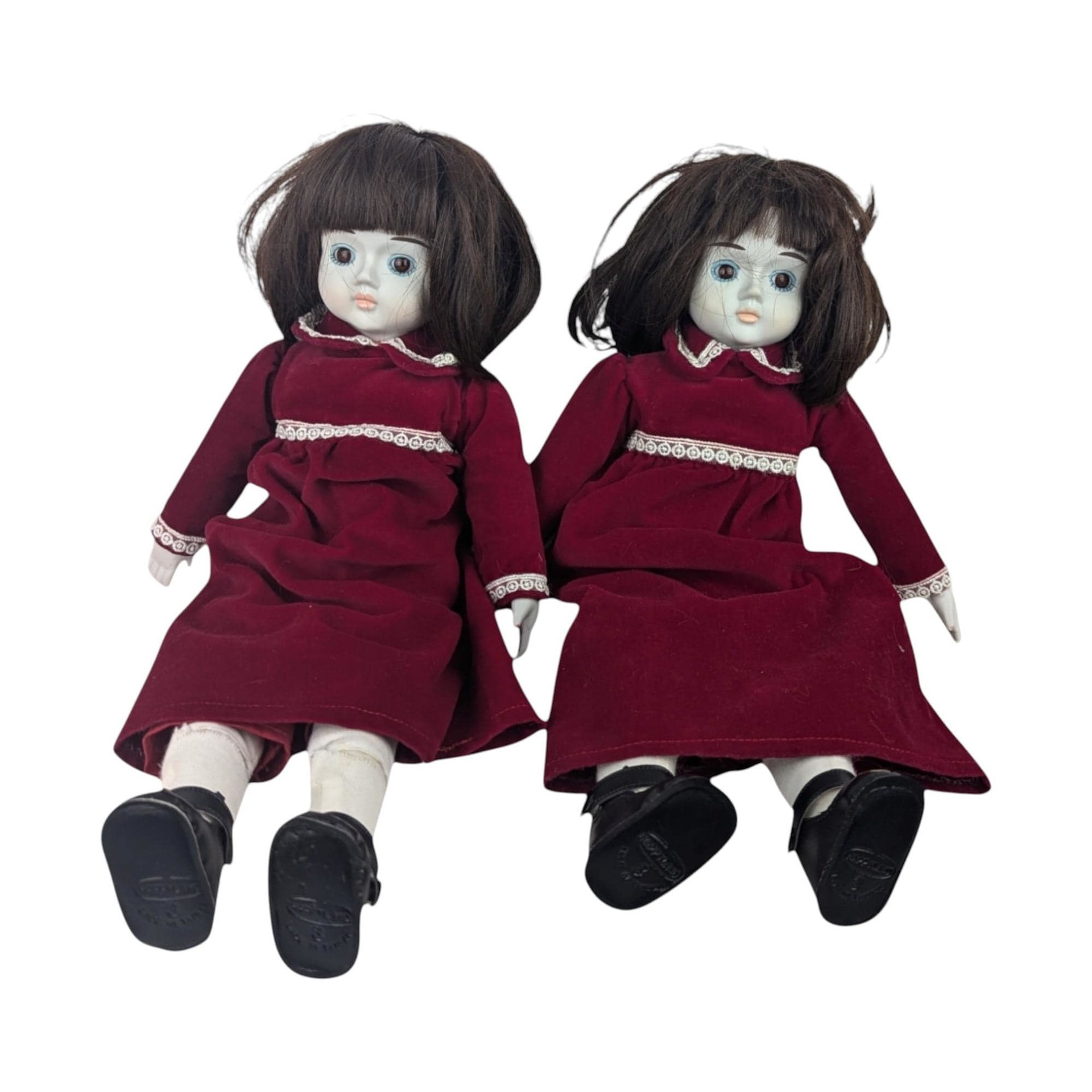 Vintage Commonwealth Happyland Porcelain Doll Pair, 15-16 Inch Victorian Style Dolls, Red Velvet Dresses, Collectible Dolls, Doll Collector
