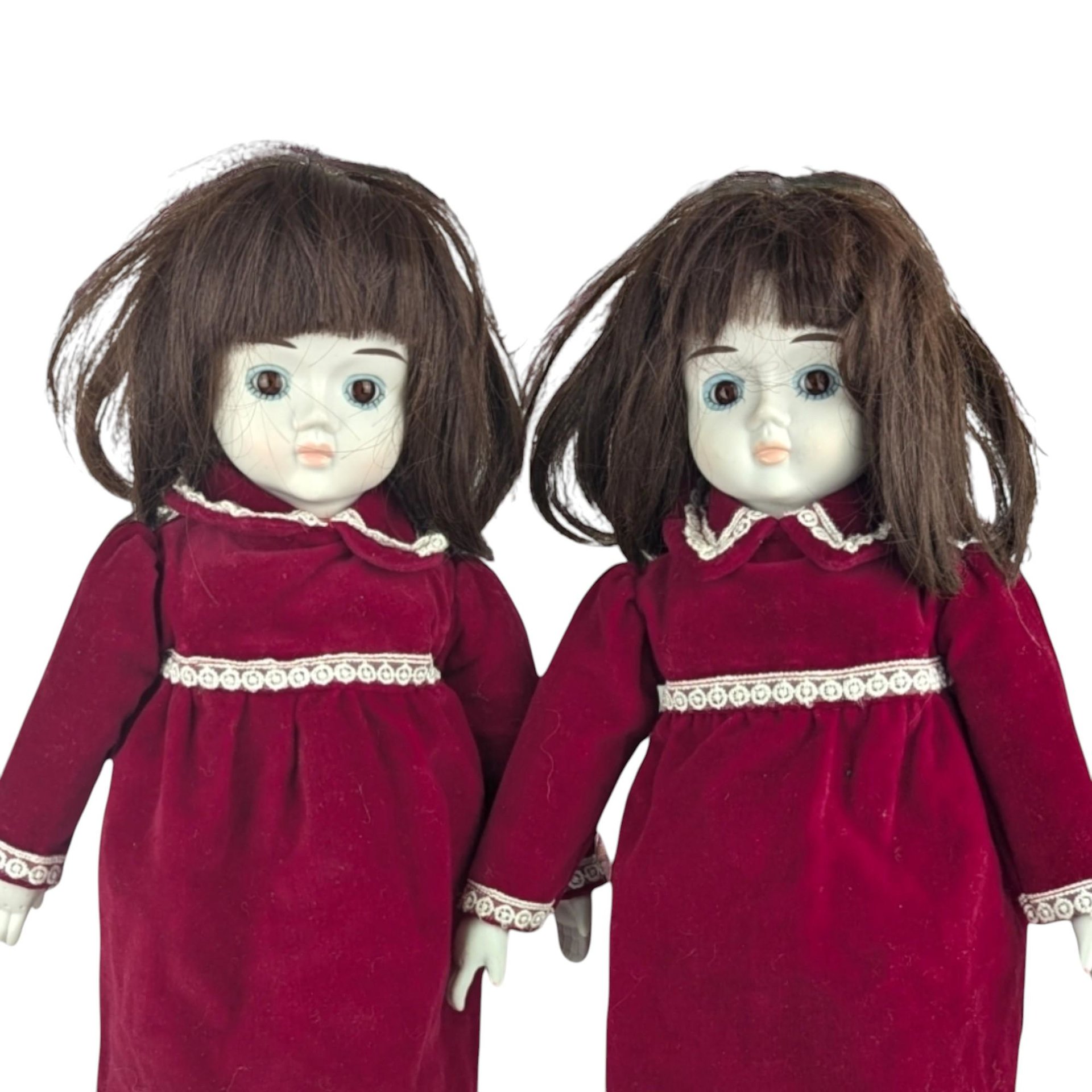 Vintage Commonwealth Happyland Porcelain Doll Pair, 15-16 Inch Victorian Style Dolls, Red Velvet Dresses, Collectible Dolls, Doll Collector
