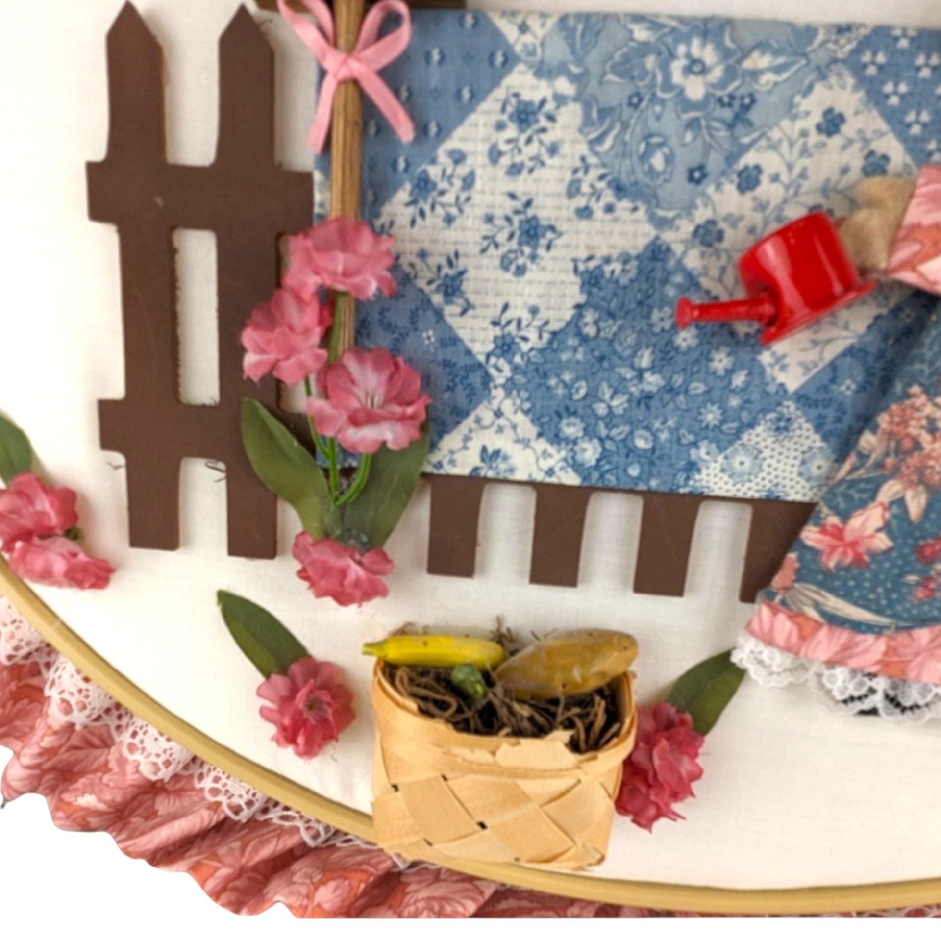 Vintage Quilted Wall Hanging: Girl in Garden Scene, Handmade Country Decor