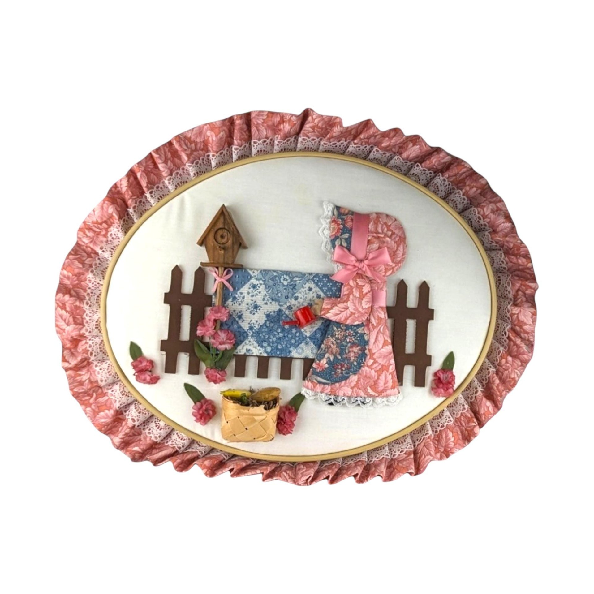 Vintage Quilted Wall Hanging: Girl in Garden Scene, Handmade Country Decor