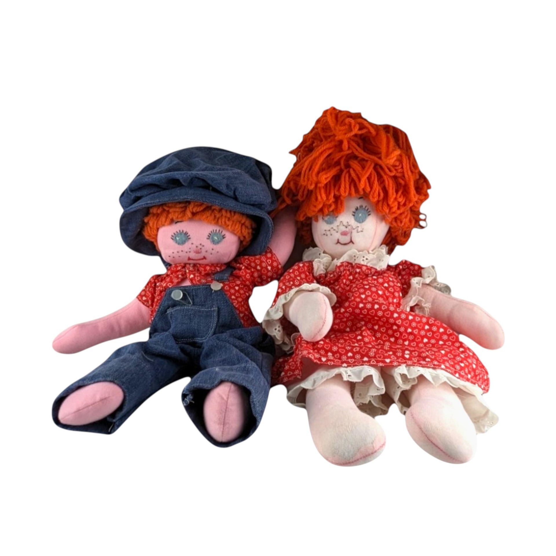 Handmade Raggedy Ann & Andy Dolls: Vintage Plush Pair, 18"