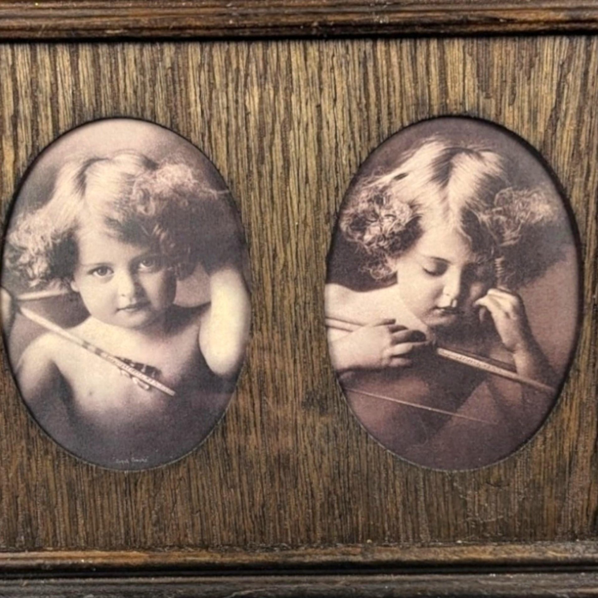 Vintage Framed Cherub Print: Angel Asleep & Awake, Double Oval Frame