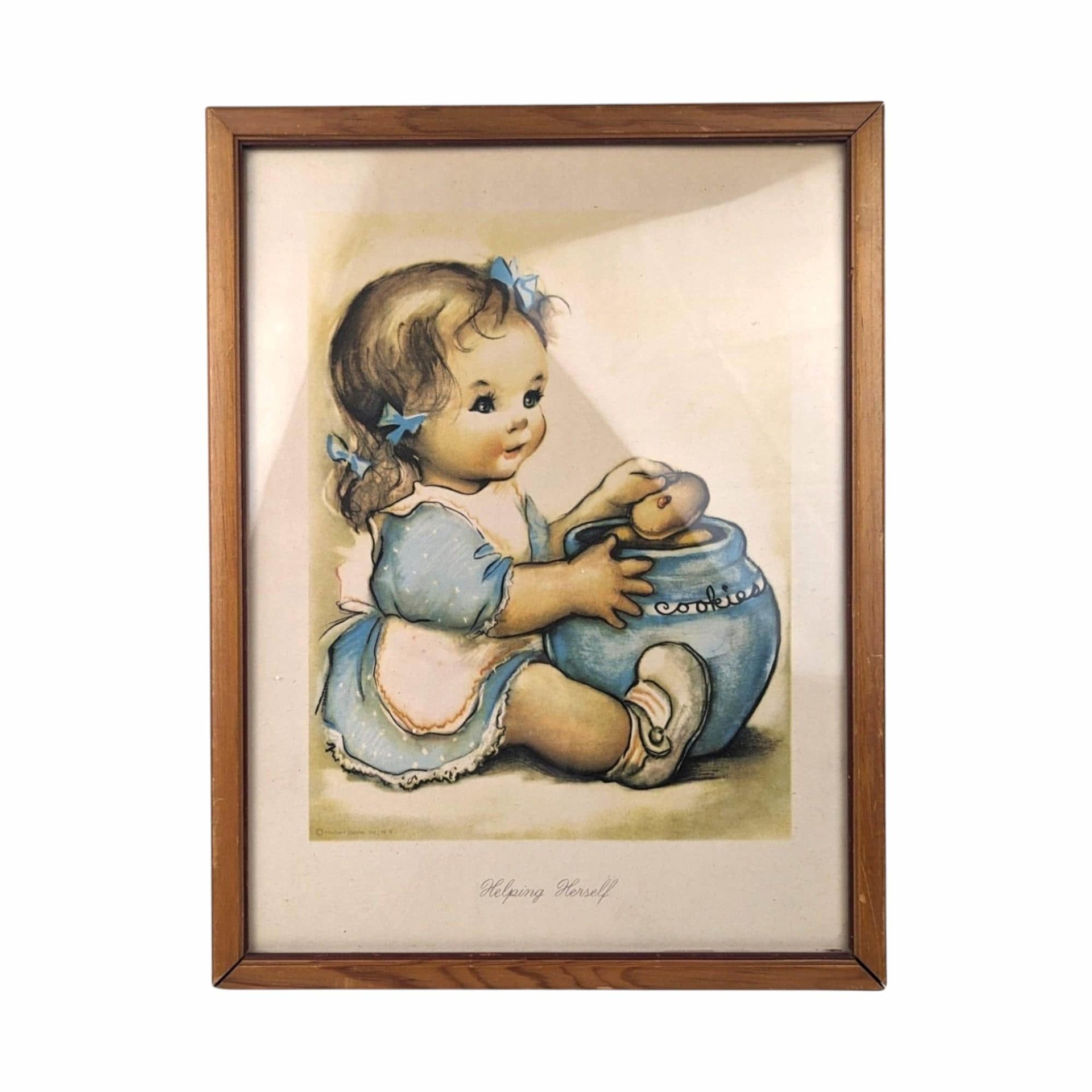 Vintage Herbert Dubler "Helping Herself" Framed Print | Girl with Cookie Jar Art | Children's Room Decor | Wall Decor | Retro Art
