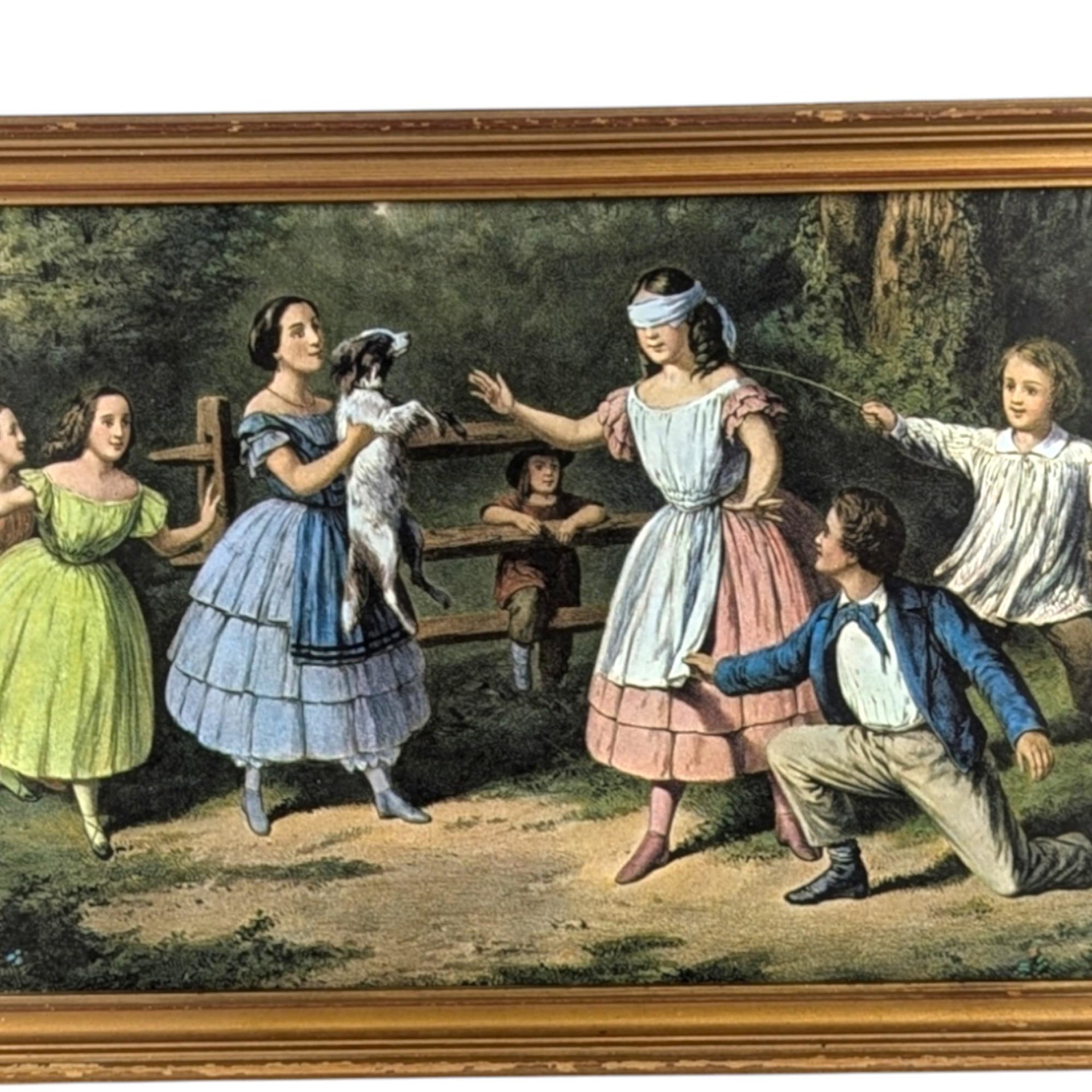 Vintage Framed Blind Man's Bluff Currier and Ives Print, 19th Century Art, American History, Game Room Decor, Gift for Collector