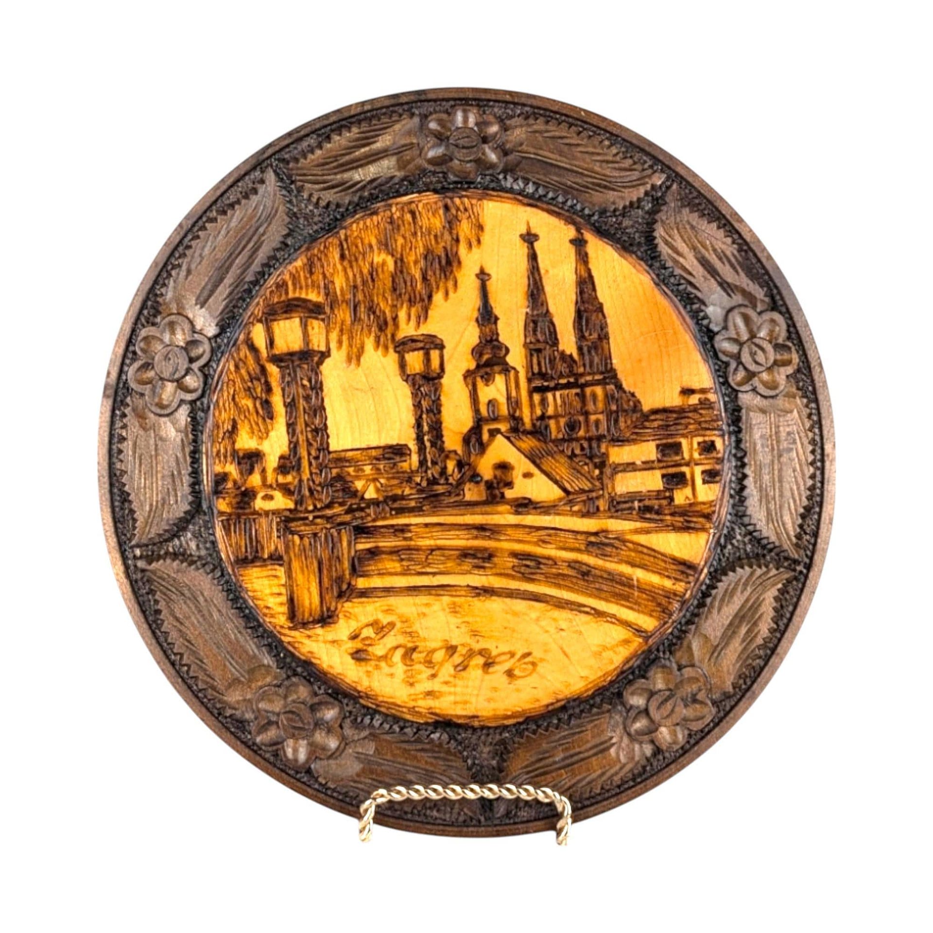 Vintage Carved Wood Burned Romanian Plate, Zagreb Cityscape Wall Decor, Romanian Folk Art, Gift for Collector, Ethnic Decor, 10.25 Inches