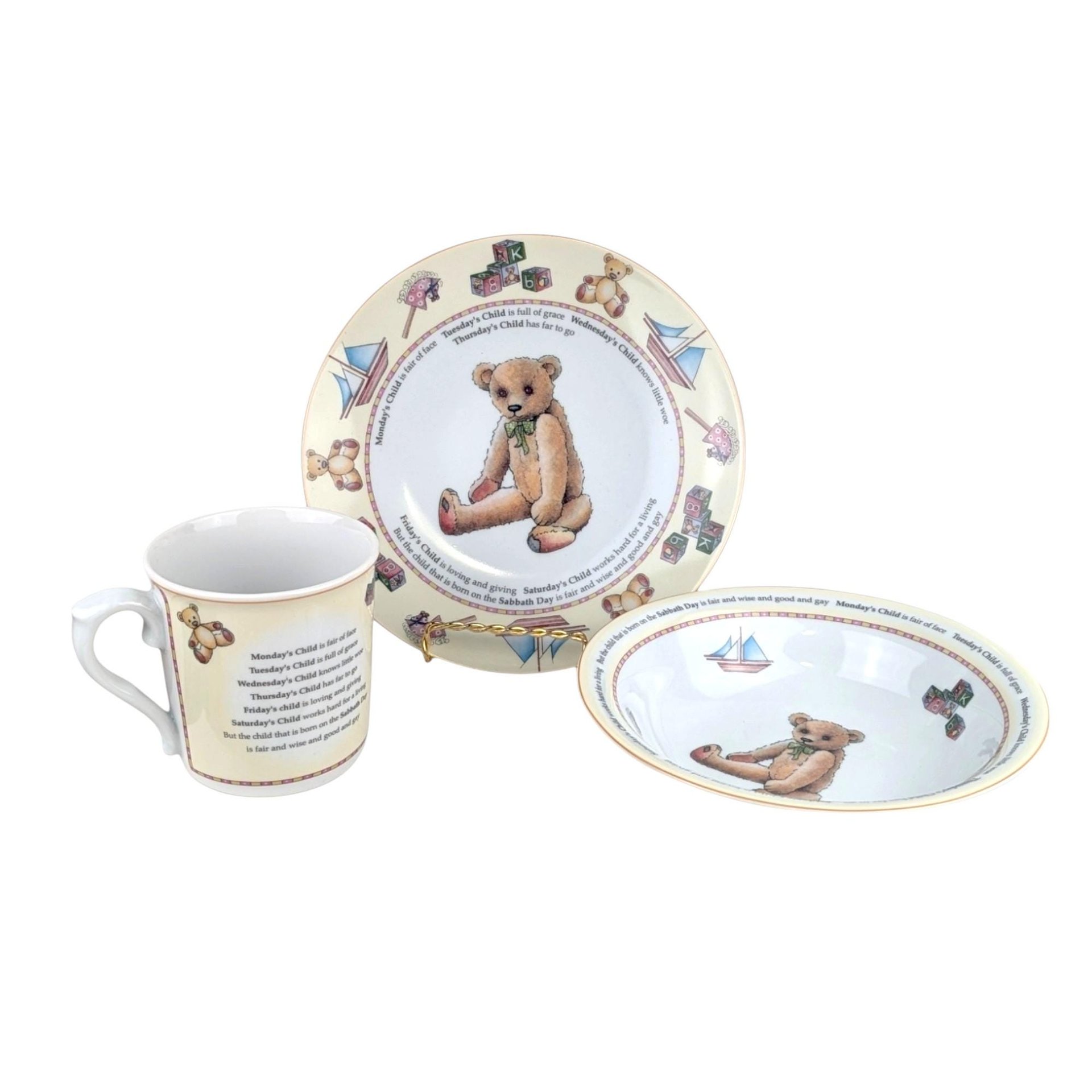 Vintage Royal Worcester Days of the Week 3-Piece Child Set, Mug, Bowl, Plate, Nursery Rhyme Decor, Baby Shower Gift, Christening Present