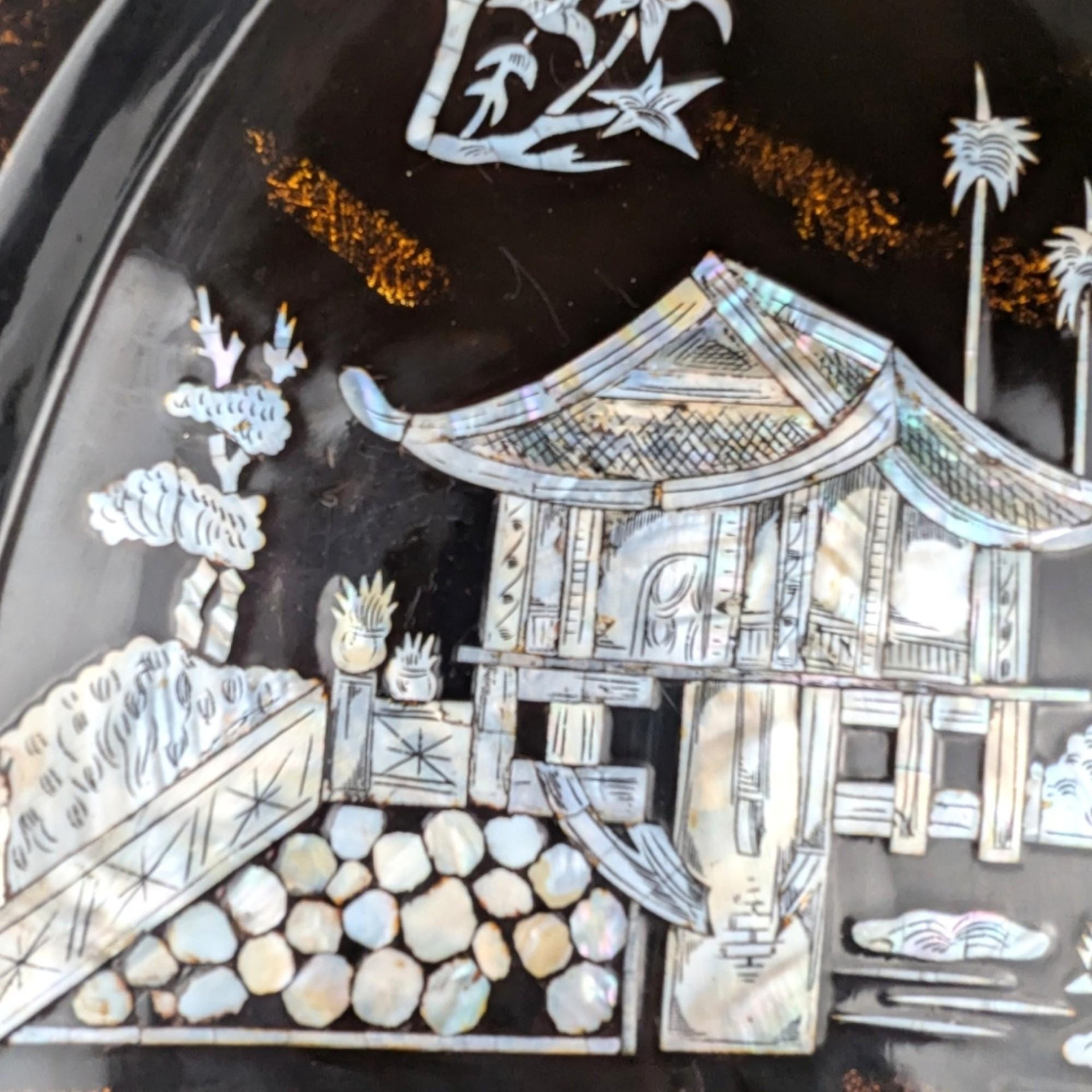 Vintage Black Lacquer Asian Shell Inlaid Wall Hanging, 23.5x16", Mother of Pearl Art, Oriental Decor, Gift for Asian Art Lovers