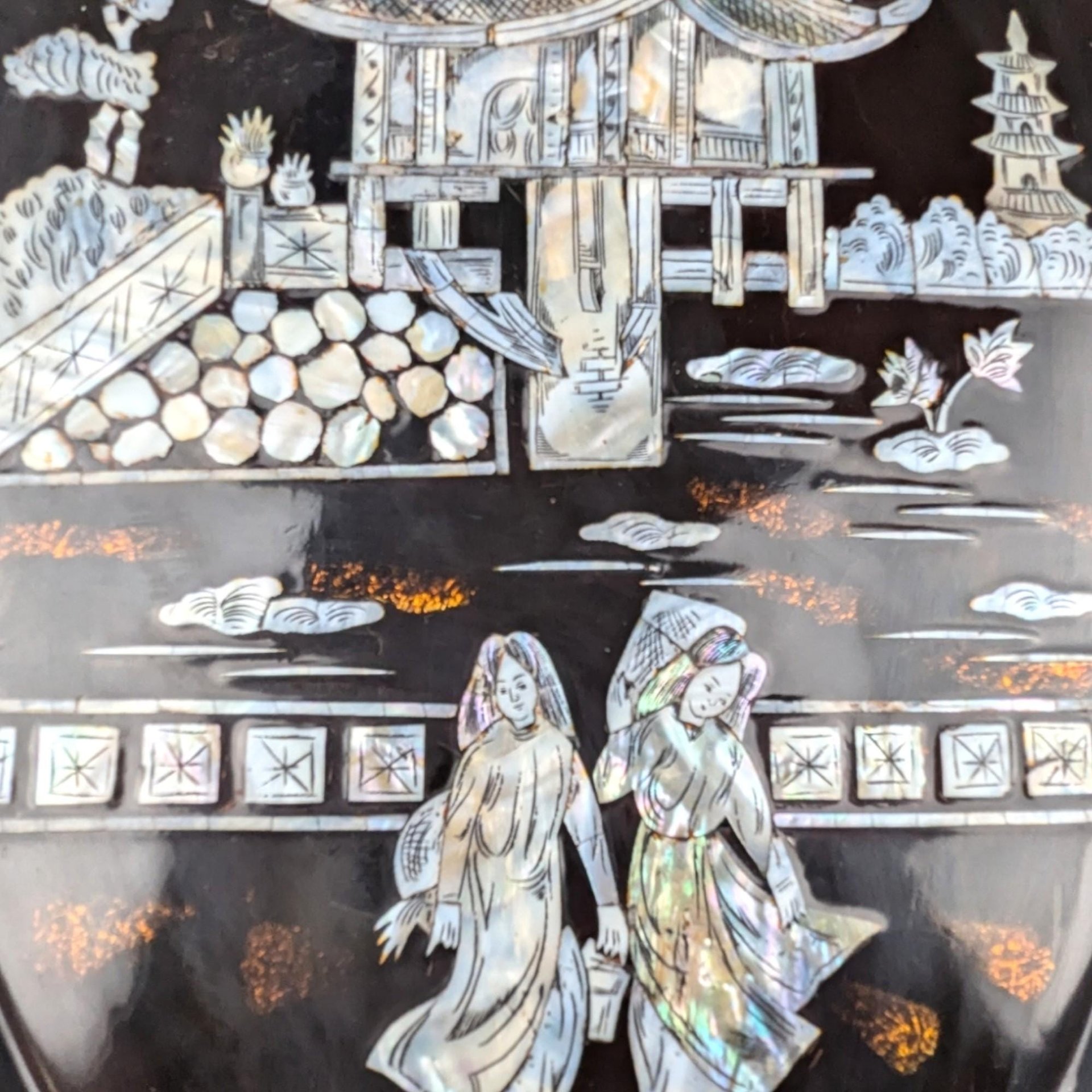 Vintage Black Lacquer Asian Shell Inlaid Wall Hanging, 23.5x16", Mother of Pearl Art, Oriental Decor, Gift for Asian Art Lovers