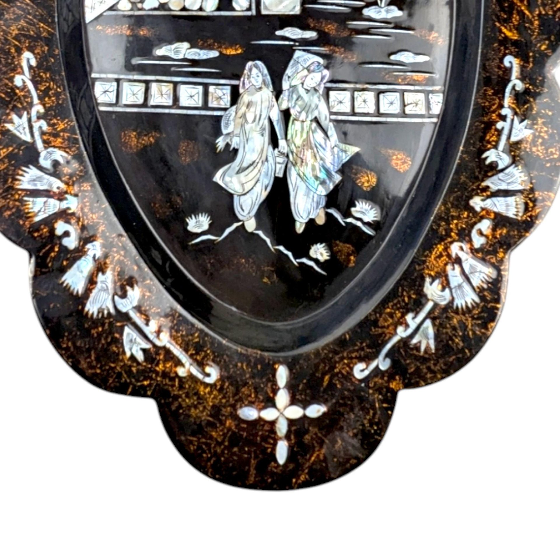 Vintage Black Lacquer Asian Shell Inlaid Wall Hanging, 23.5x16", Mother of Pearl Art, Oriental Decor, Gift for Asian Art Lovers