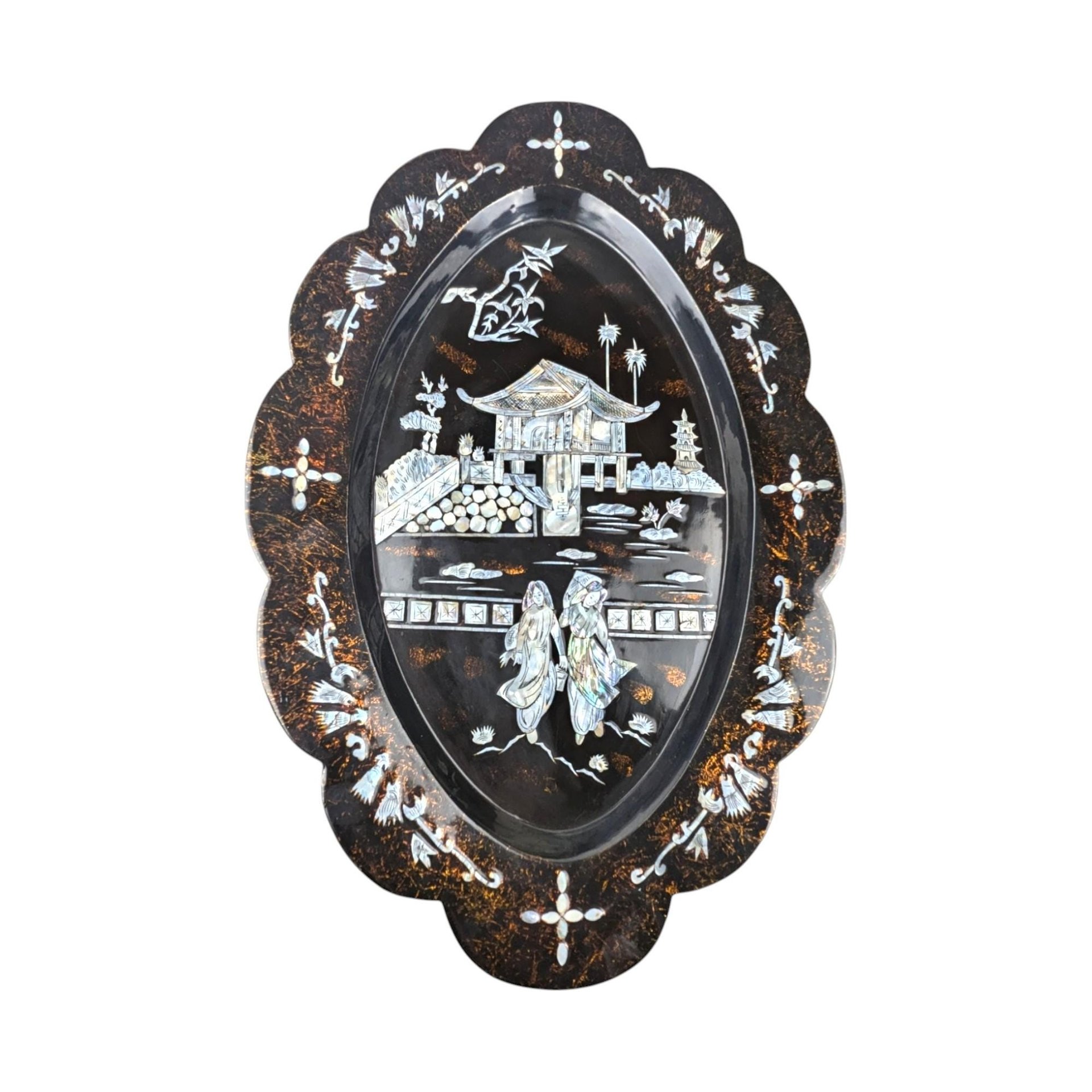 Vintage Black Lacquer Asian Shell Inlaid Wall Hanging, 23.5x16", Mother of Pearl Art, Oriental Decor, Gift for Asian Art Lovers