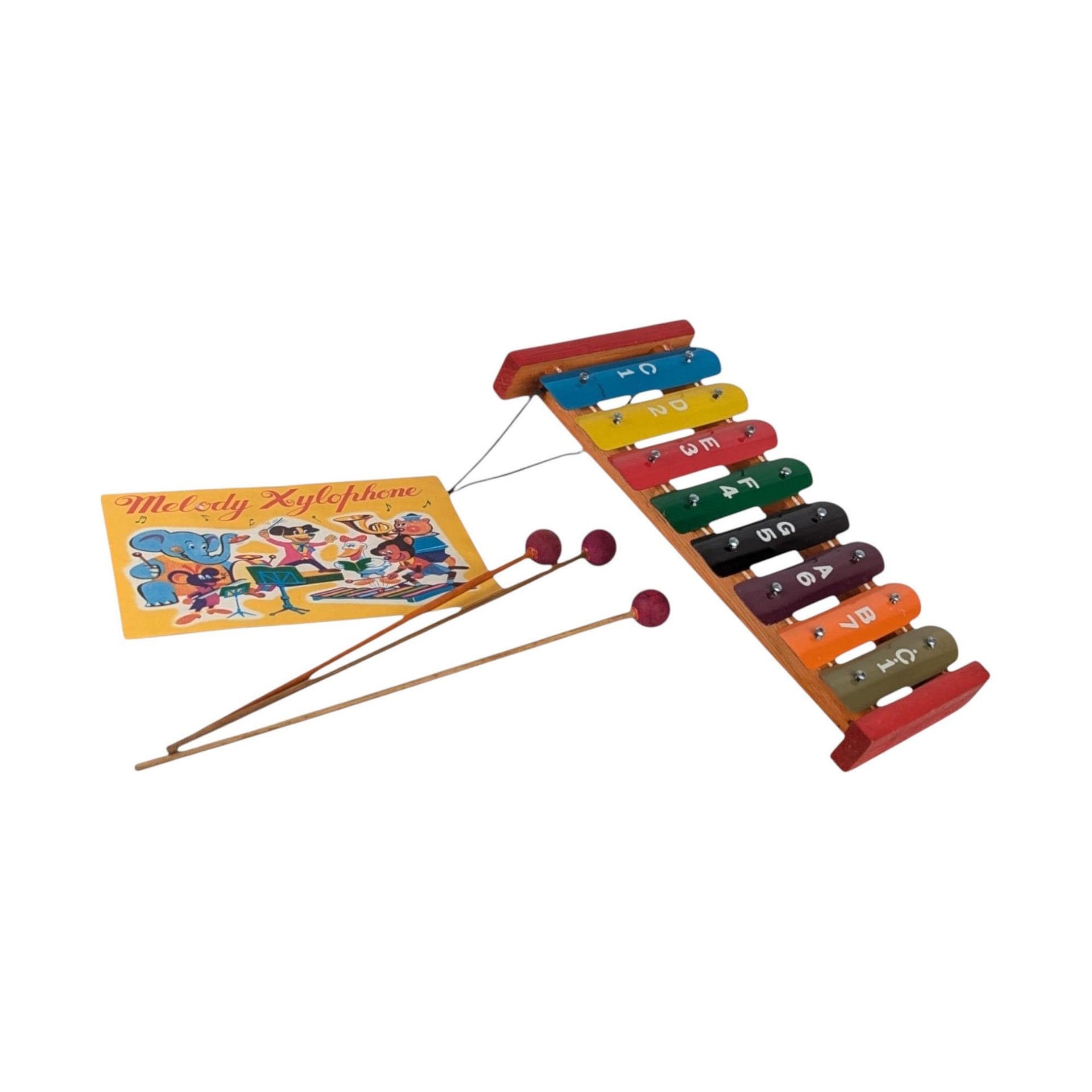 Vintage Taiyo Melody Xylophone, 8.5" Long, 3 Drumsticks, Music Sheet, Collectible Toy, Musical Instrument, Gift for Child