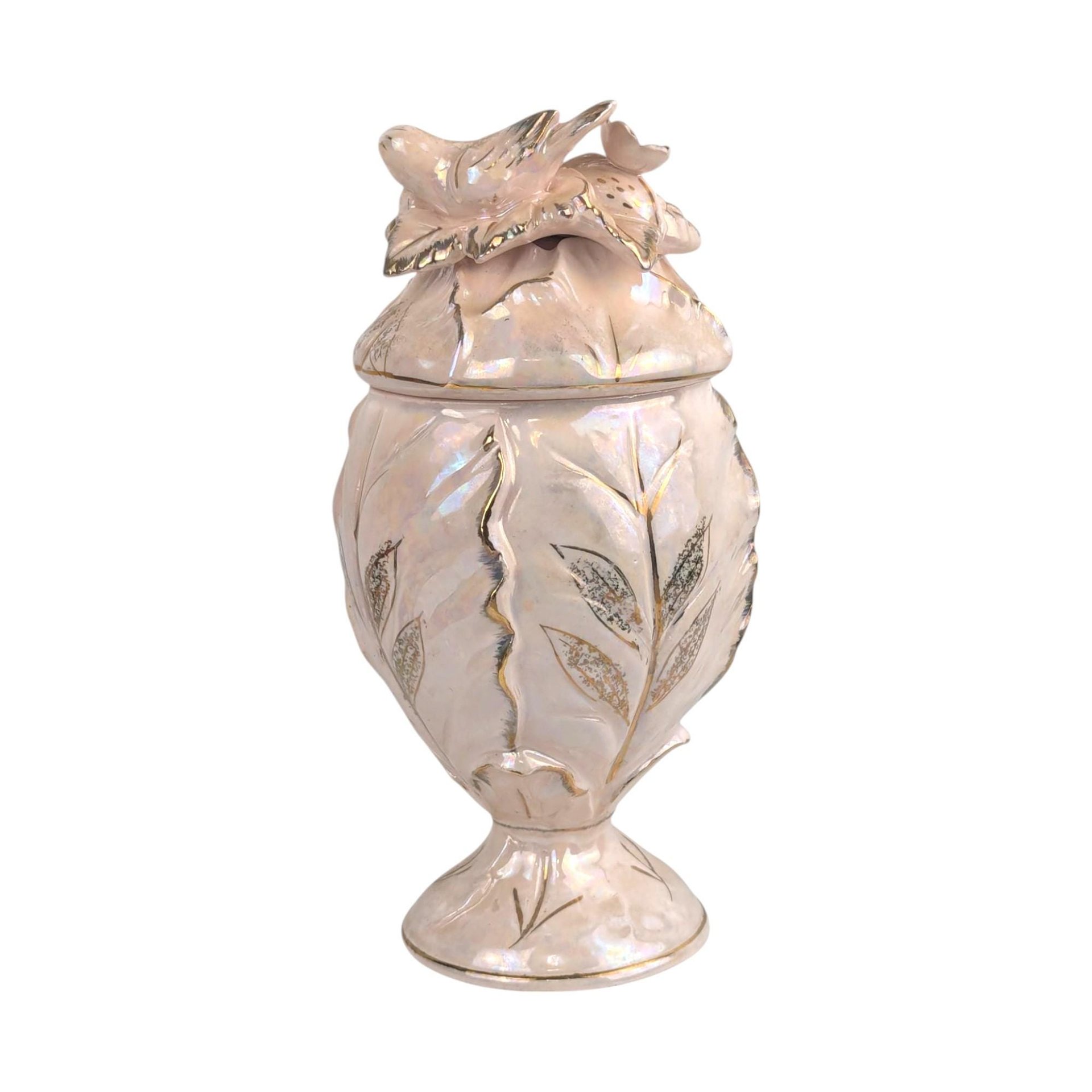 Vintage Pink Lusterware Compote Jar with Birds Gold Trim Decorative Ceramic Candy Dish Gift for Her