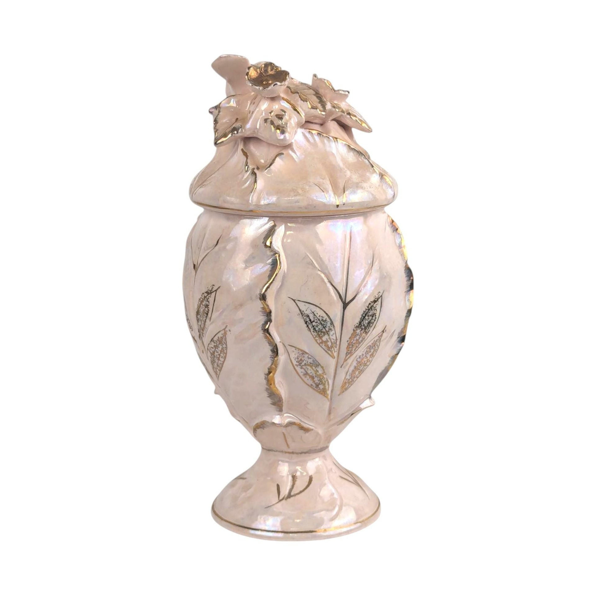 Vintage Pink Lusterware Compote Jar with Birds Gold Trim Decorative Ceramic Candy Dish Gift for Her